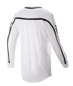 Alpinestars 2023 Racer Found Jersey, Motocross-Trikot, Weiß, Rückansicht mit schwarzen Streifen an Schultern und Ärmeln, verlängerter Rückensaum für optimale Abdeckung, leichte Poly-Gewebe-Konstruktion