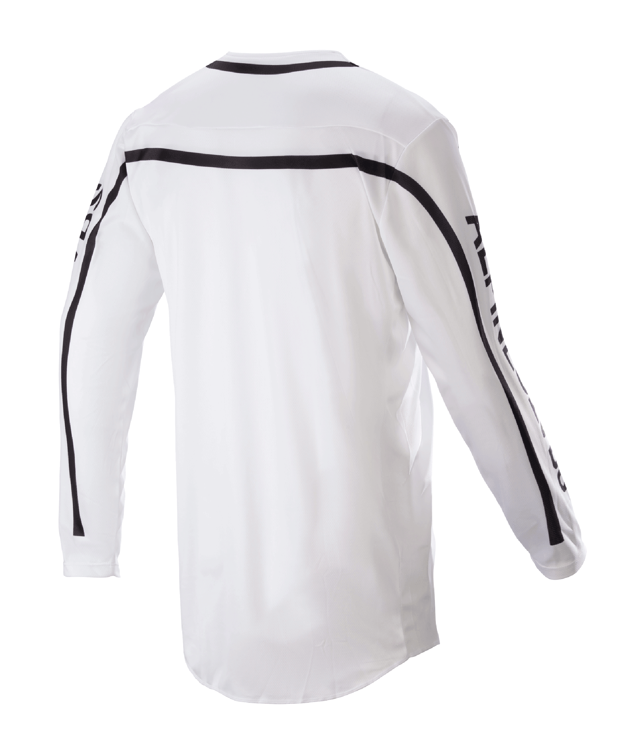 Alpinestars 2023 Racer Found Jersey, Motocross-Trikot, Weiß, Rückansicht mit schwarzen Streifen an Schultern und Ärmeln, verlängerter Rückensaum für optimale Abdeckung, leichte Poly-Gewebe-Konstruktion