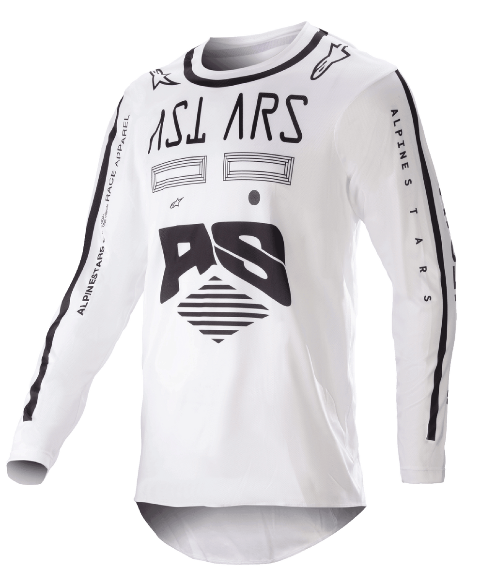 Alpinestars 2023 Racer Found Jersey, Motocross-Trikot, Weiß und Schwarz, markante schwarze Grafiken und Branding auf Brust und Ärmeln, leichtes Performance-Gewebe mit schwarzem Kragen, Offroad-Rennbekleidung