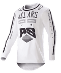 Alpinestars 2023 Racer Found Jersey, Motocross-Trikot, Weiß und Schwarz, markante schwarze Grafiken und Branding auf Brust und Ärmeln, leichtes Performance-Gewebe mit schwarzem Kragen, Offroad-Rennbekleidung