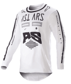 Alpinestars 2023 Racer Found Jersey, Motocross-Trikot, Weiß und Schwarz, markante schwarze Grafiken und Branding auf Brust und Ärmeln, leichtes Performance-Gewebe mit schwarzem Kragen, Offroad-Rennbekleidung