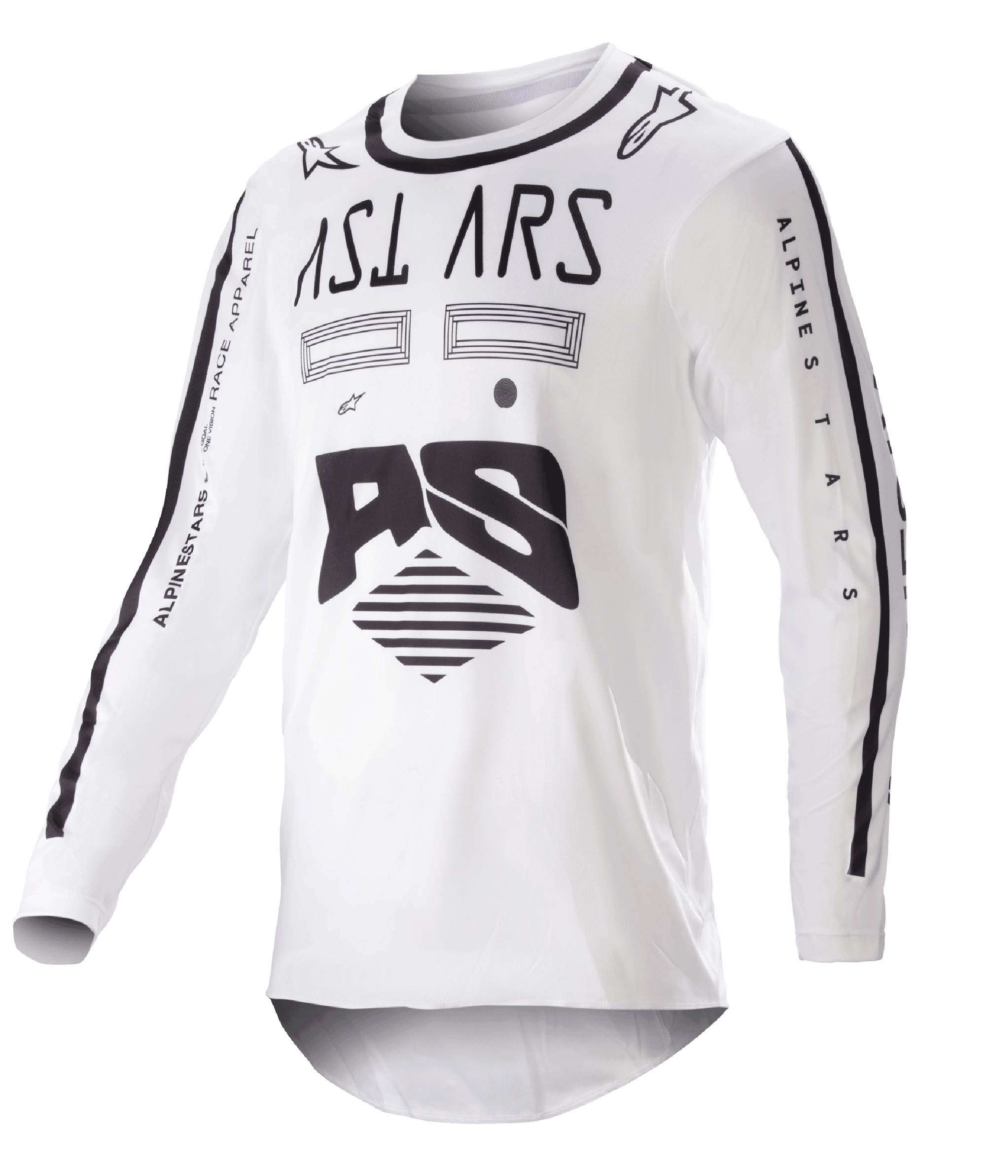 Alpinestars 2023 Racer Found Jersey, Motocross-Trikot, Weiß und Schwarz, markante schwarze Grafiken und Branding auf Brust und Ärmeln, leichtes Performance-Gewebe mit schwarzem Kragen, Offroad-Rennbekleidung