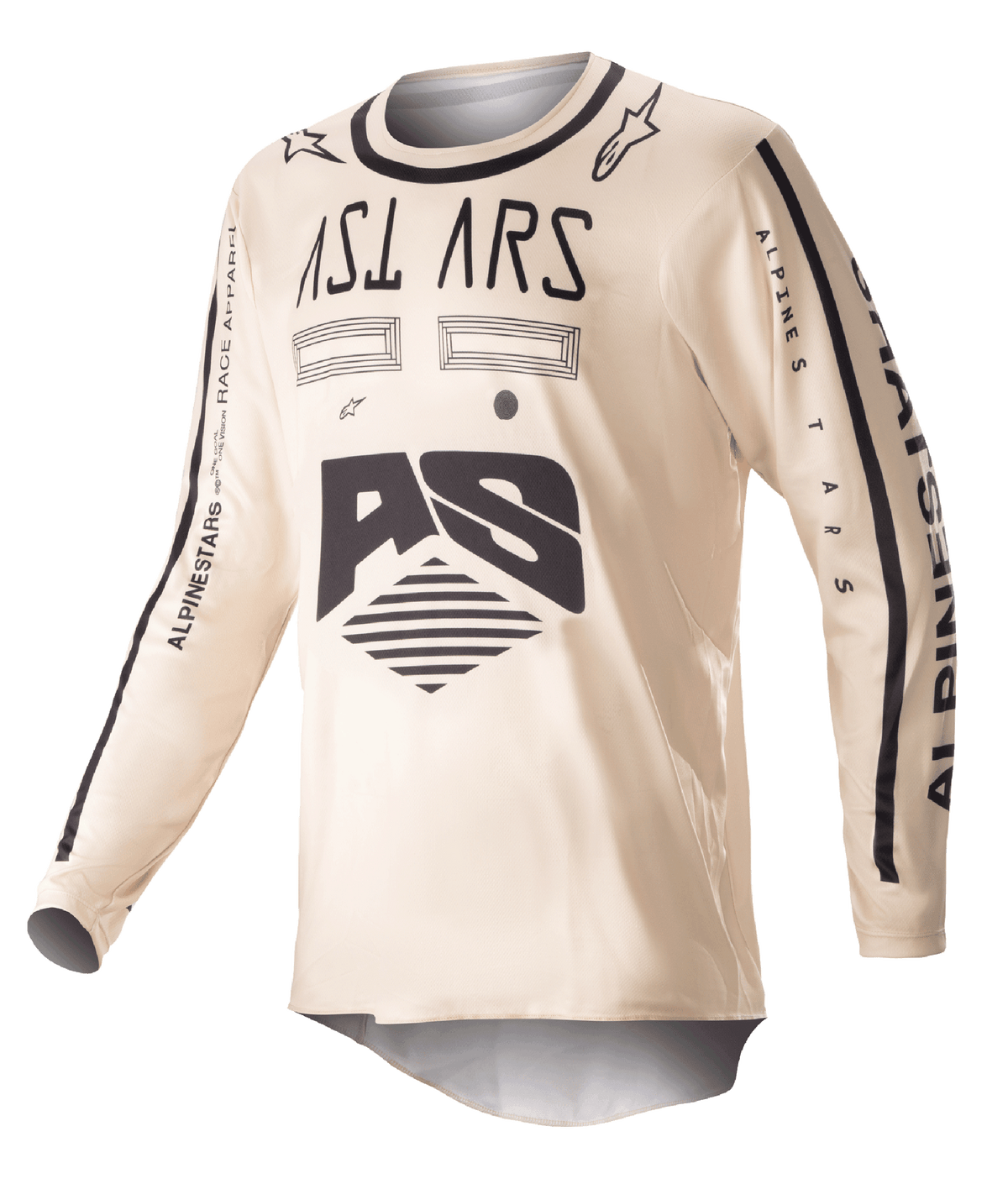 Alpinestars 2023 Racer Found Jersey, motocross shirt, beige met zwarte graphics, off-road performance-kleding met lange mouwen, voorzien van AS-logo en branding op de mouwen