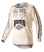 Alpinestars 2023 Racer Found Jersey, maillot de motocross, beige avec graphismes noirs, équipement de performance tout-terrain à manches longues, avec logo AS et marquage sur les manches