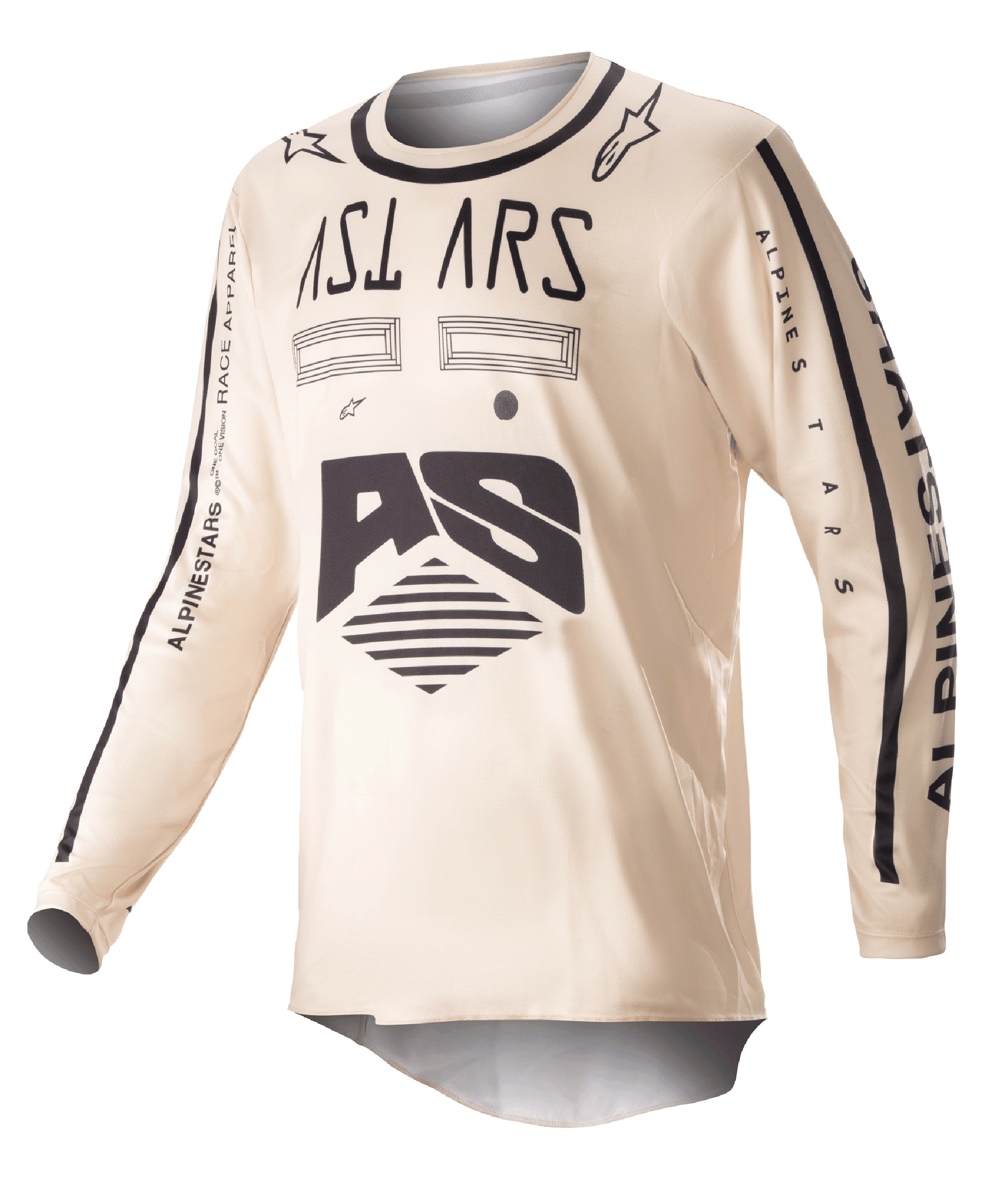 Alpinestars 2023 Racer Found Jersey, Motocross-Trikot, Beige mit schwarzen Grafiken, langärmelige Offroad-Performance-Ausrüstung, mit AS-Logo und Branding auf den Ärmeln