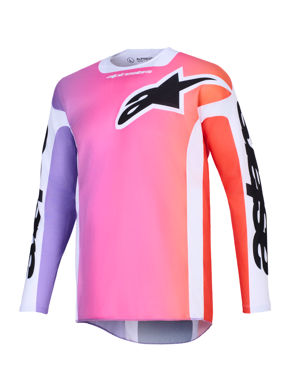 Alpinestars 2026 Racer Air Portl Jersey, Motocross Jersey, Multicolor gradient featuring pink, purple, and orange, large black Astars logo on the chest, white side panels, breathable mesh fabric with long sleeves and an extended rear cut.
