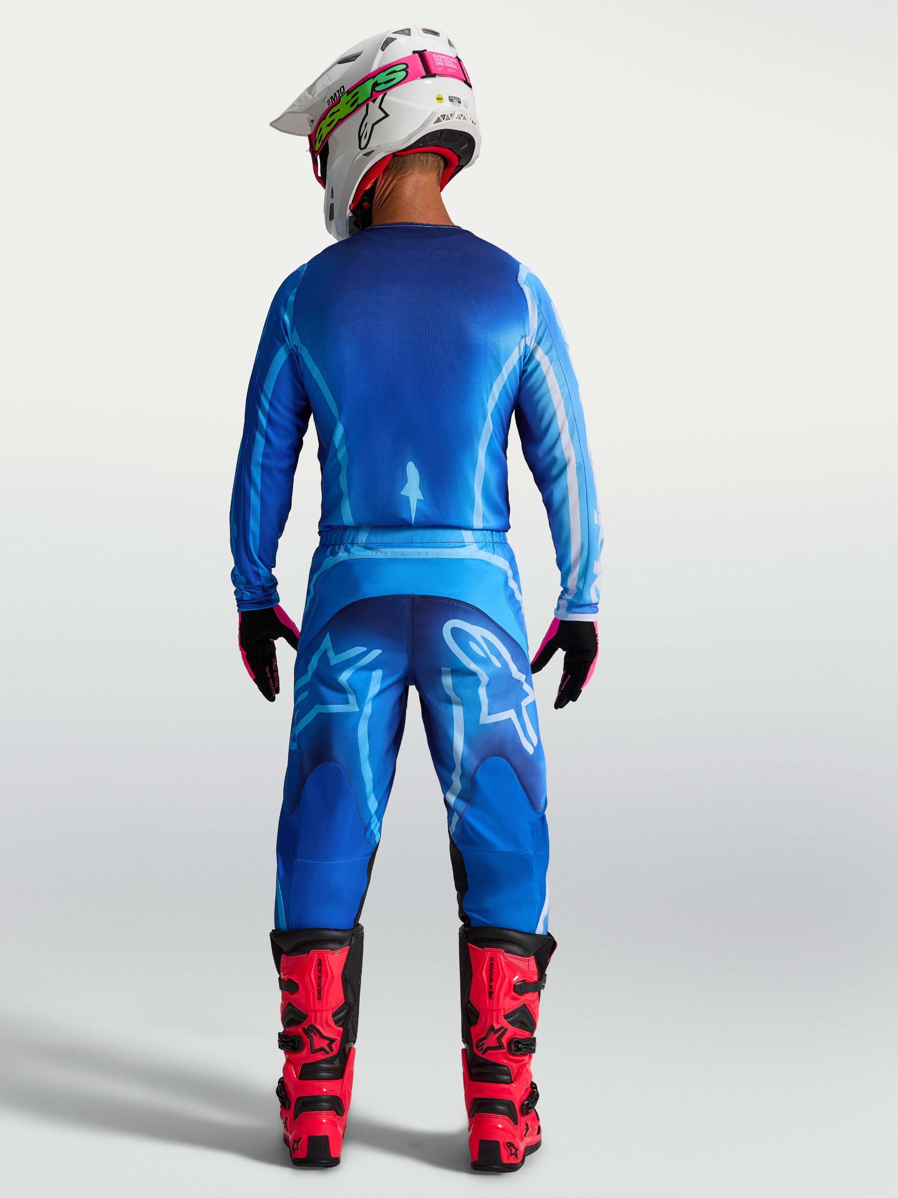 Alpinestars Fluid Kepler jersey, blauwe heren motorcross-jersey van achteren, ademend textiel met verlengde achterzoom.
