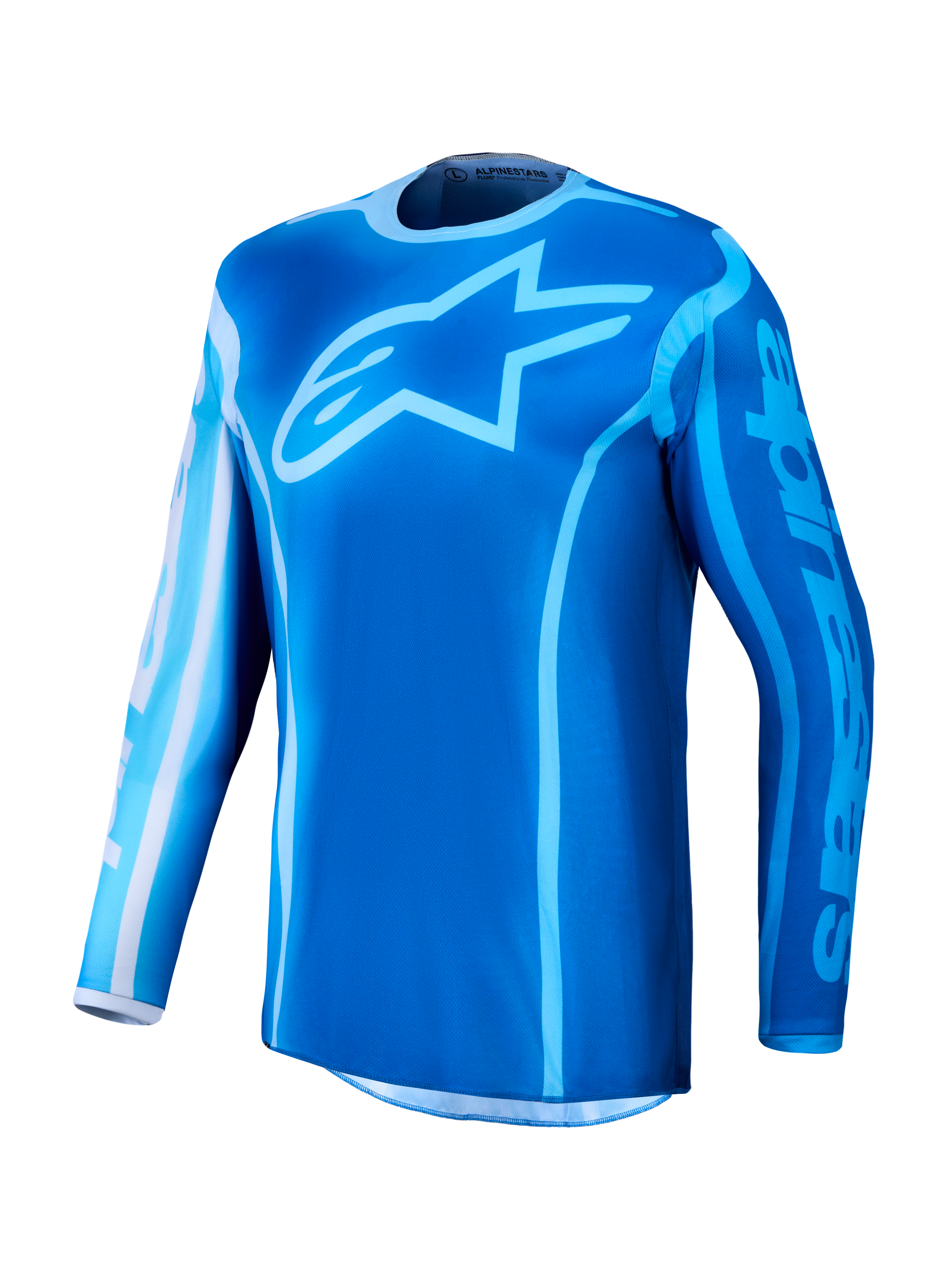 Alpinestars Fluid Kepler jersey, heren motorcrossjersey, UCLA blauw en Blithe blauw, vochtafvoerend polyfabric met stretch, ergonomische constructie voor off-road en MX, sportkraag.