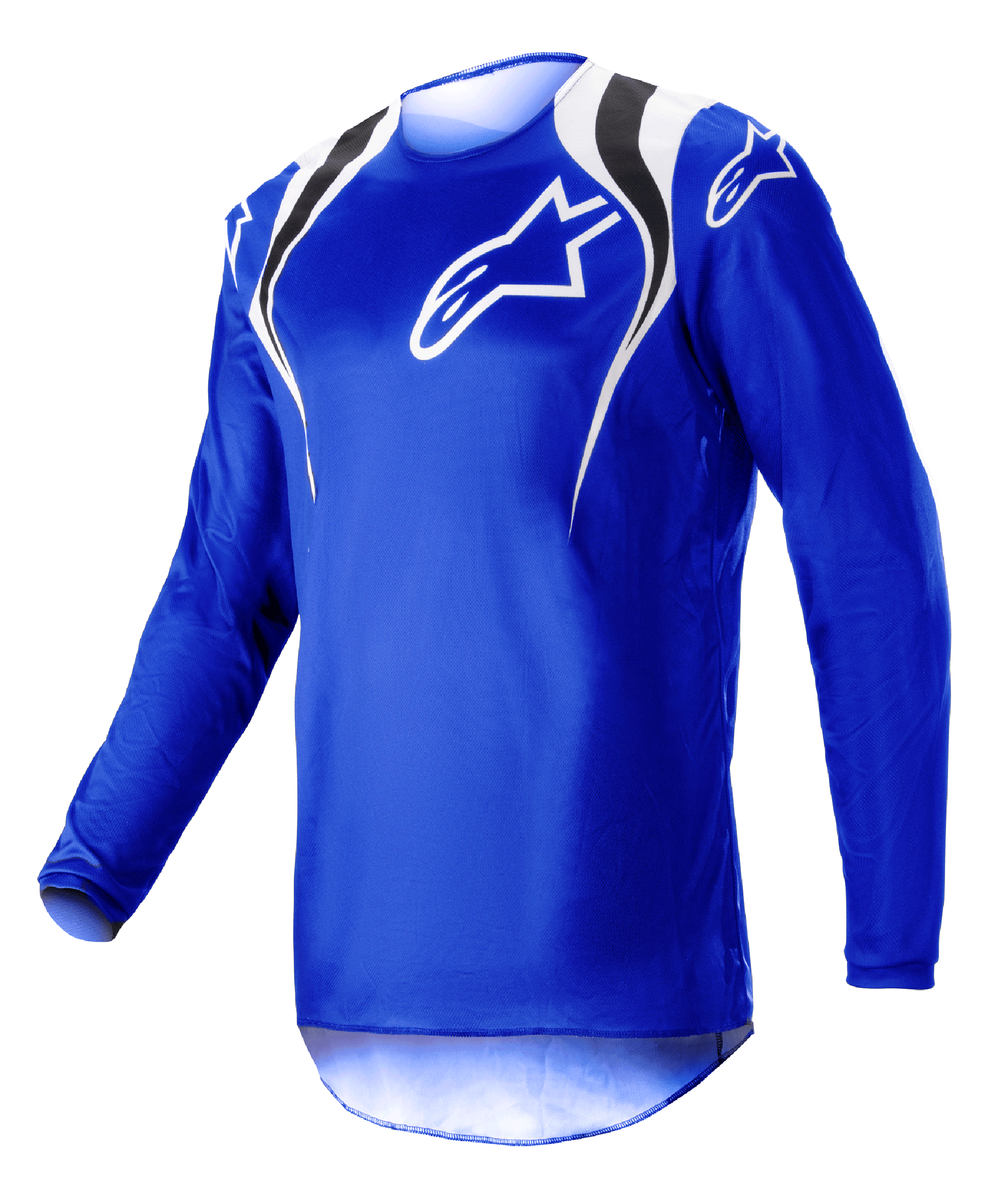 Maillot Alpinestars Fluid Narin 2023, maillot de motocross, bleu, blanc et noir avec des accents aux épaules et un logo blanc sur la poitrine, design léger à manches longues pour la course tout-terrain