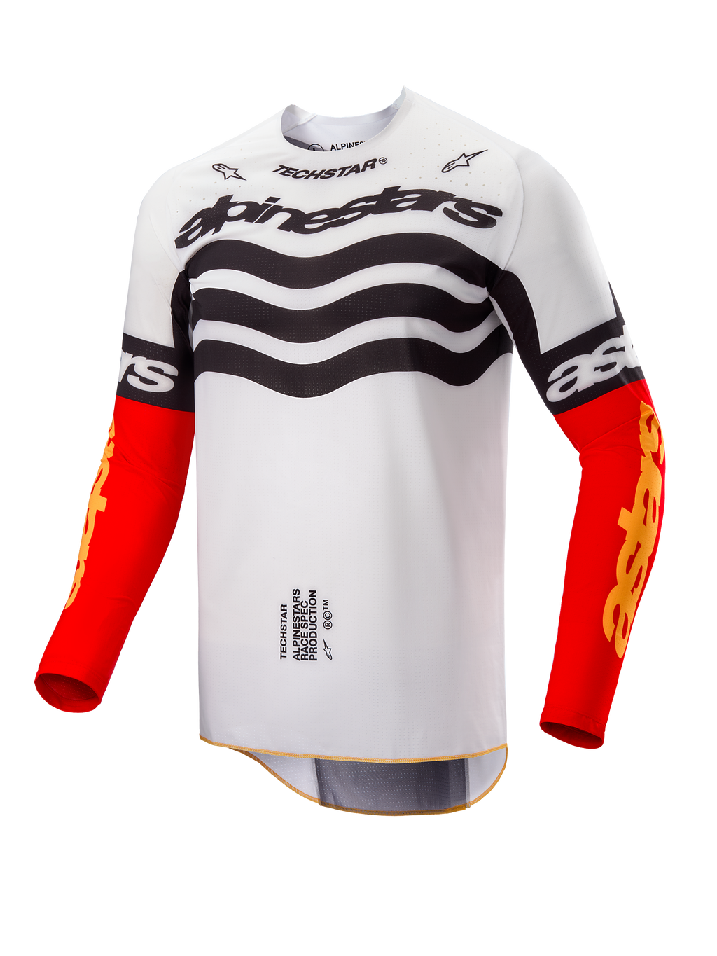 Alpinestars Limited Edition Techstar Deep Jersey, Motocross-Jersey, weiß-schwarzes Design mit Wellengrafiken auf der Brust, leuchtend rote Ärmel mit gelbem Astars-Branding, Hochleistungs-Offroad-Rennbekleidung
