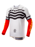Alpinestars Limited Edition Techstar Deep Jersey, Motocross-Jersey, weiß-schwarzes Design mit Wellengrafiken auf der Brust, leuchtend rote Ärmel mit gelbem Astars-Branding, Hochleistungs-Offroad-Rennbekleidung