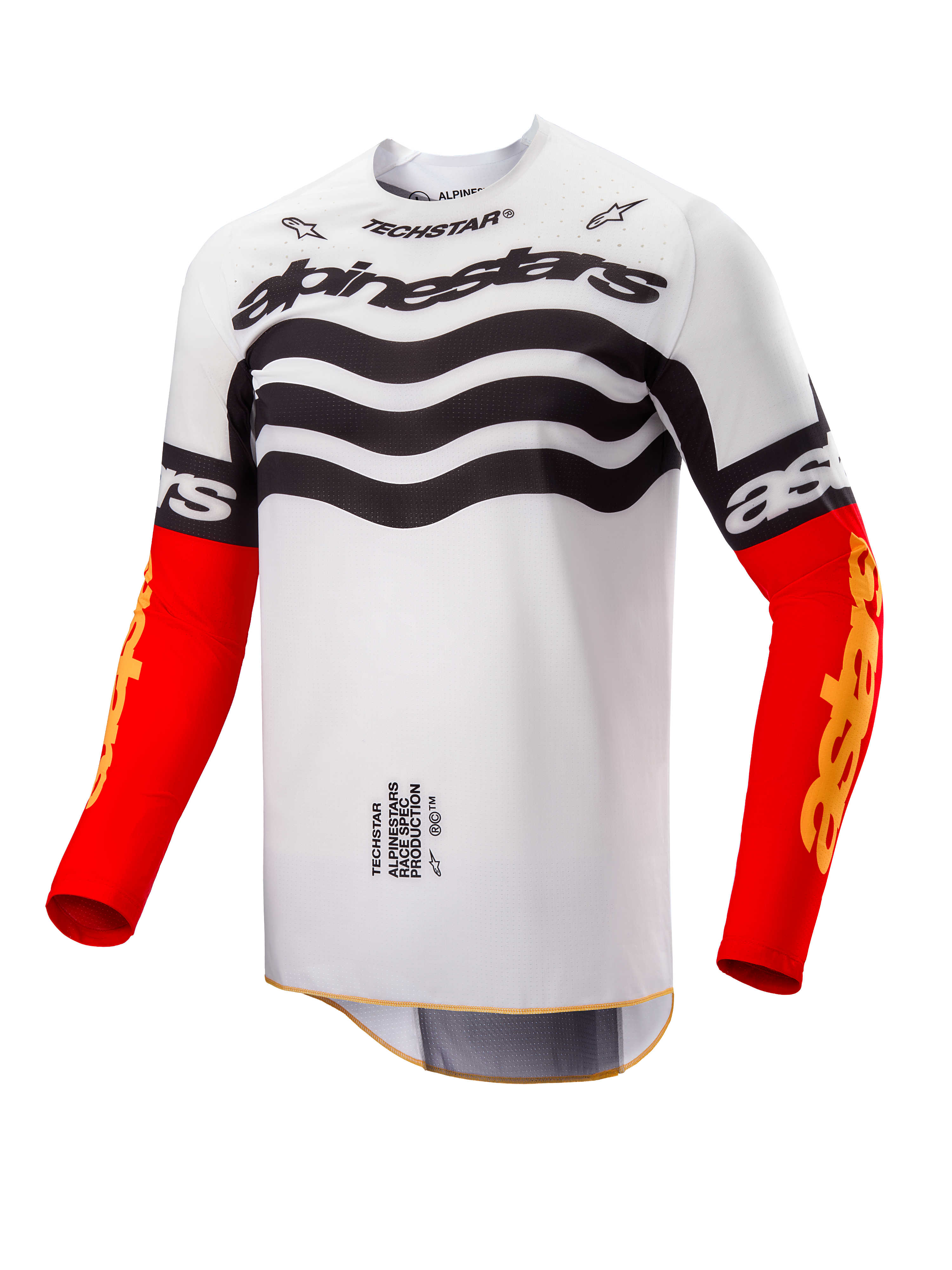 Alpinestars Limited Edition Techstar Deep Jersey, Motocross-Jersey, weiß-schwarzes Design mit Wellengrafiken auf der Brust, leuchtend rote Ärmel mit gelbem Astars-Branding, Hochleistungs-Offroad-Rennbekleidung