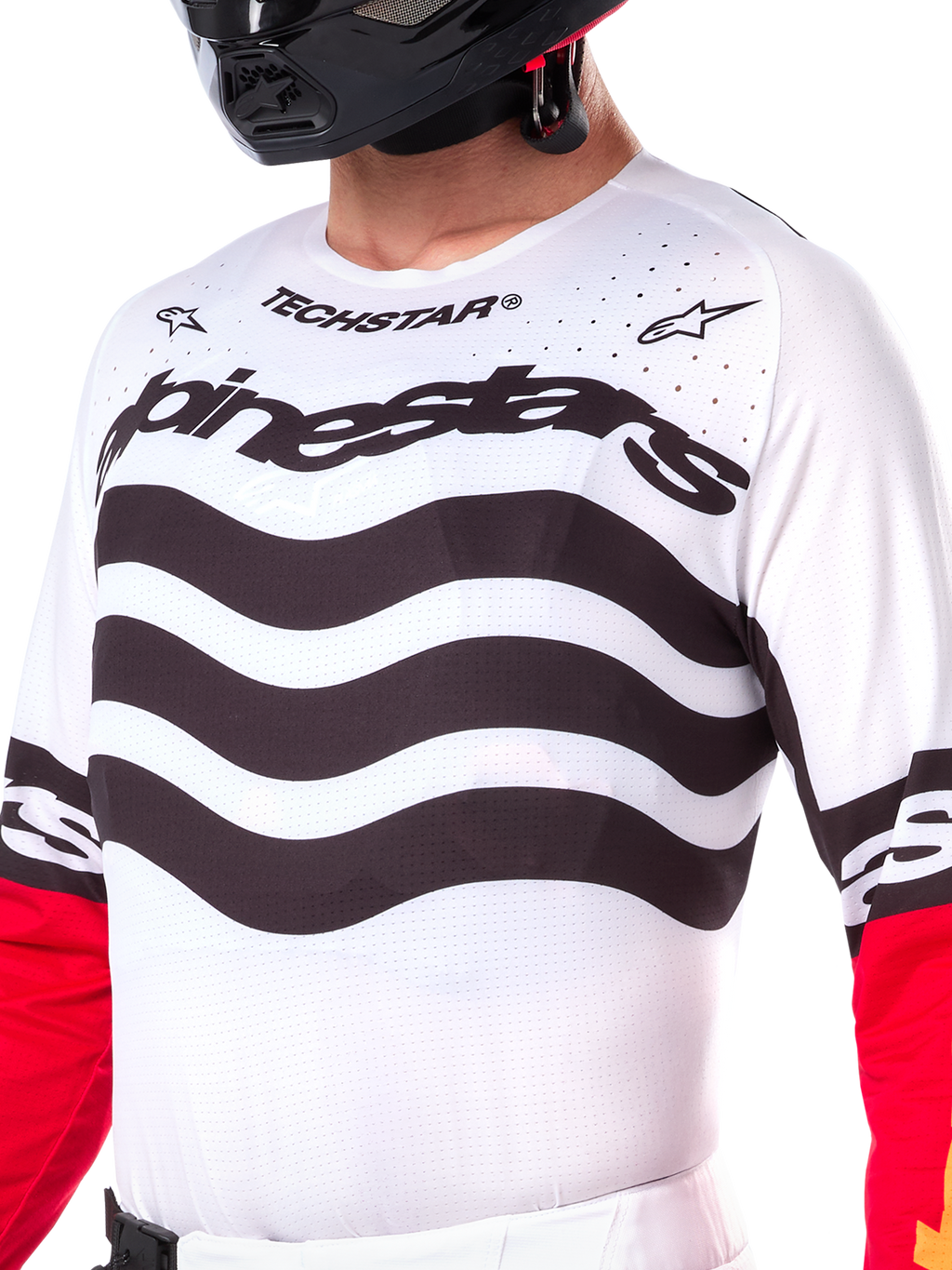 Alpinestars Limited Edition Techstar Deep Trikot, Motocross-Trikot, Schwarz, Weiß und High Red, athletische Rennpassform mit technischen Stretch-Einsätzen, auffälliges Branding und lasergeschnittene Belüftung für Offroad-Performance