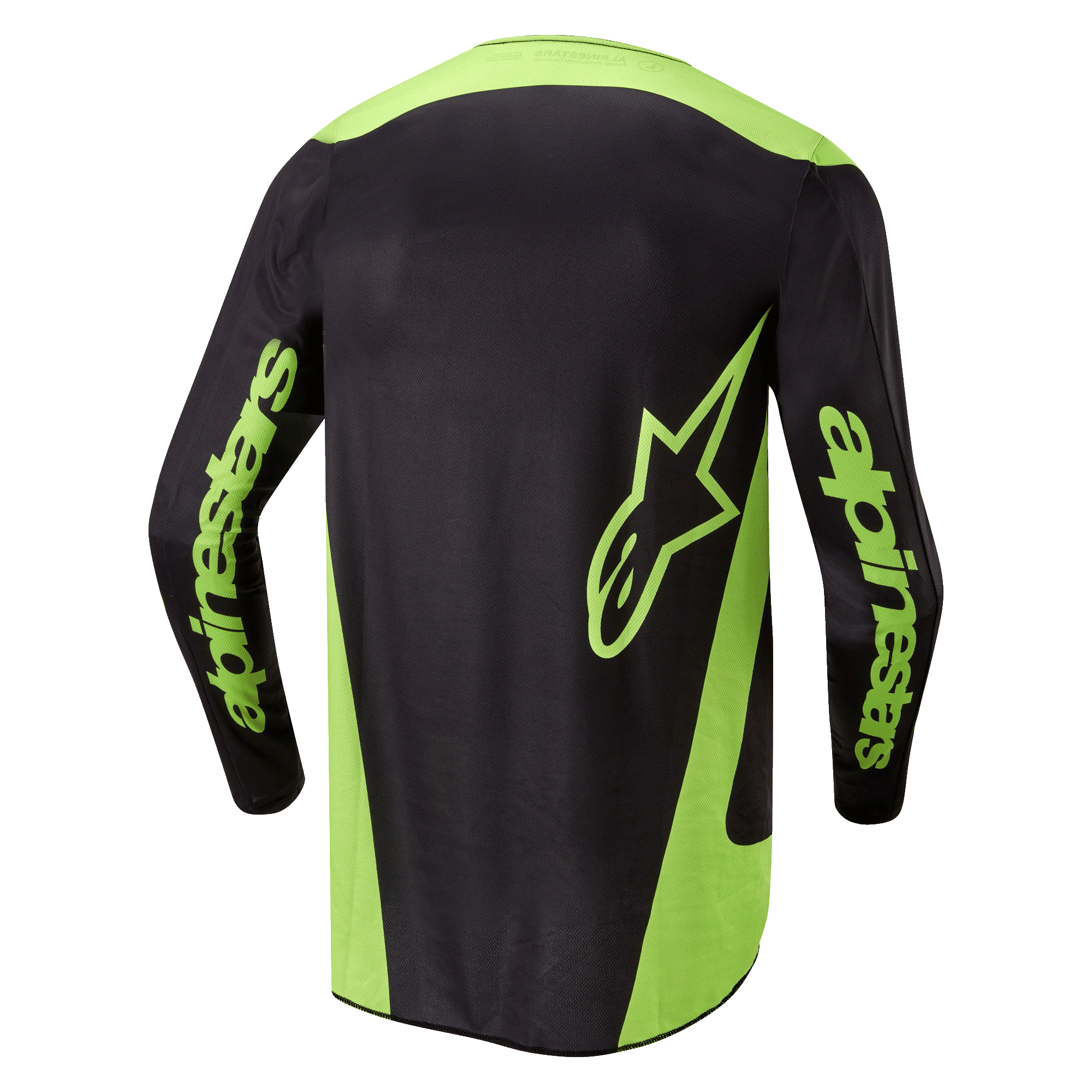 Alpinestars 2024 Fluid Lurv Jersey, Motocross Jersey, Black and Yellow Fluo, back view featuring neon yellow side panels, a large star logo on the lower back, and Alpinestars branding on the sleeves