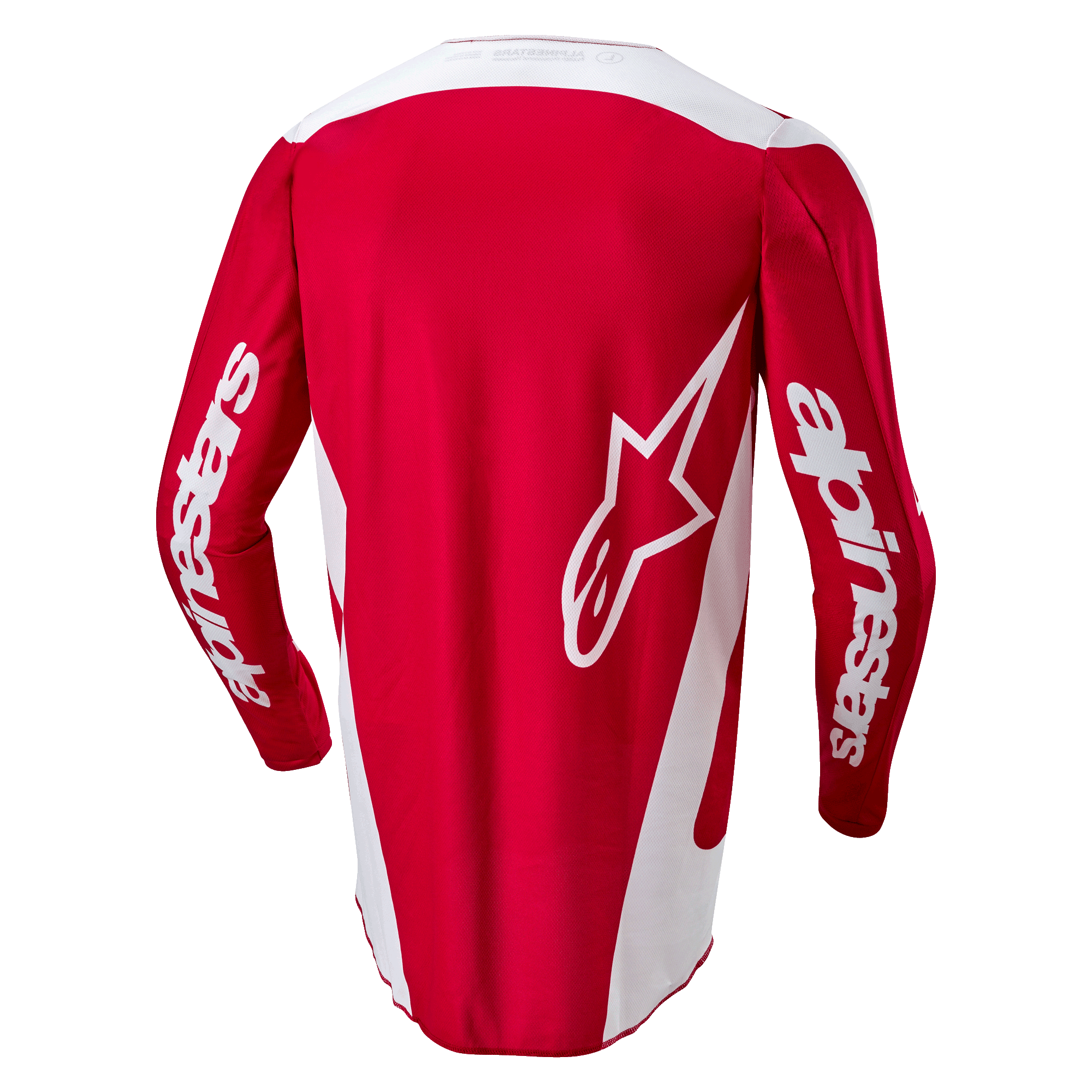 Alpinestars 2024 Fluid Lurv Trikot, Motocross-Trikot, Mars-Rot und Weiß, Rückansicht mit großem weißem Stern-Logo auf dem Rücken, weißen Seiteneinsätzen und Branding auf den Ärmeln