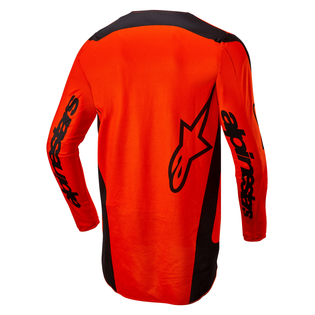 Alpinestars 2024 Fluid Lurv Jersey, motorcross shirt, fel oranje en zwart, achteraanzicht met groot zwart sterlogo en Alpinestars-branding op de mouwen, verlengde achterkant voor extra bedekking, lichtgewicht poly-stof voor off-road rijden