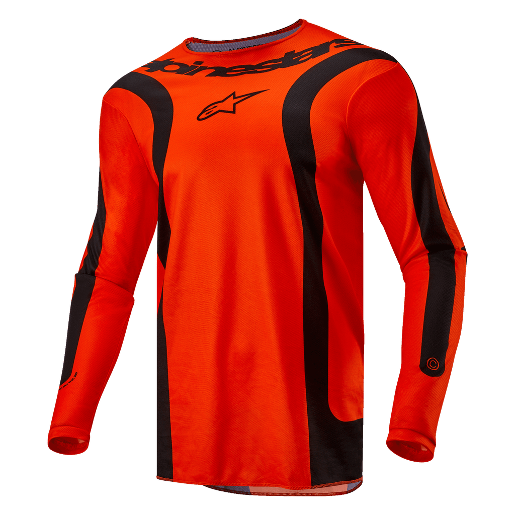 Alpinestars 2024 Fluid Lurv Jersey, motorcross jersey, Hot Orange en zwart, lange mouwen met zwarte gebogen panelen, voorzien van zwart Alpinestars-logo op de borst en branding op de nek, atletische sportpasvorm voor off-road racing