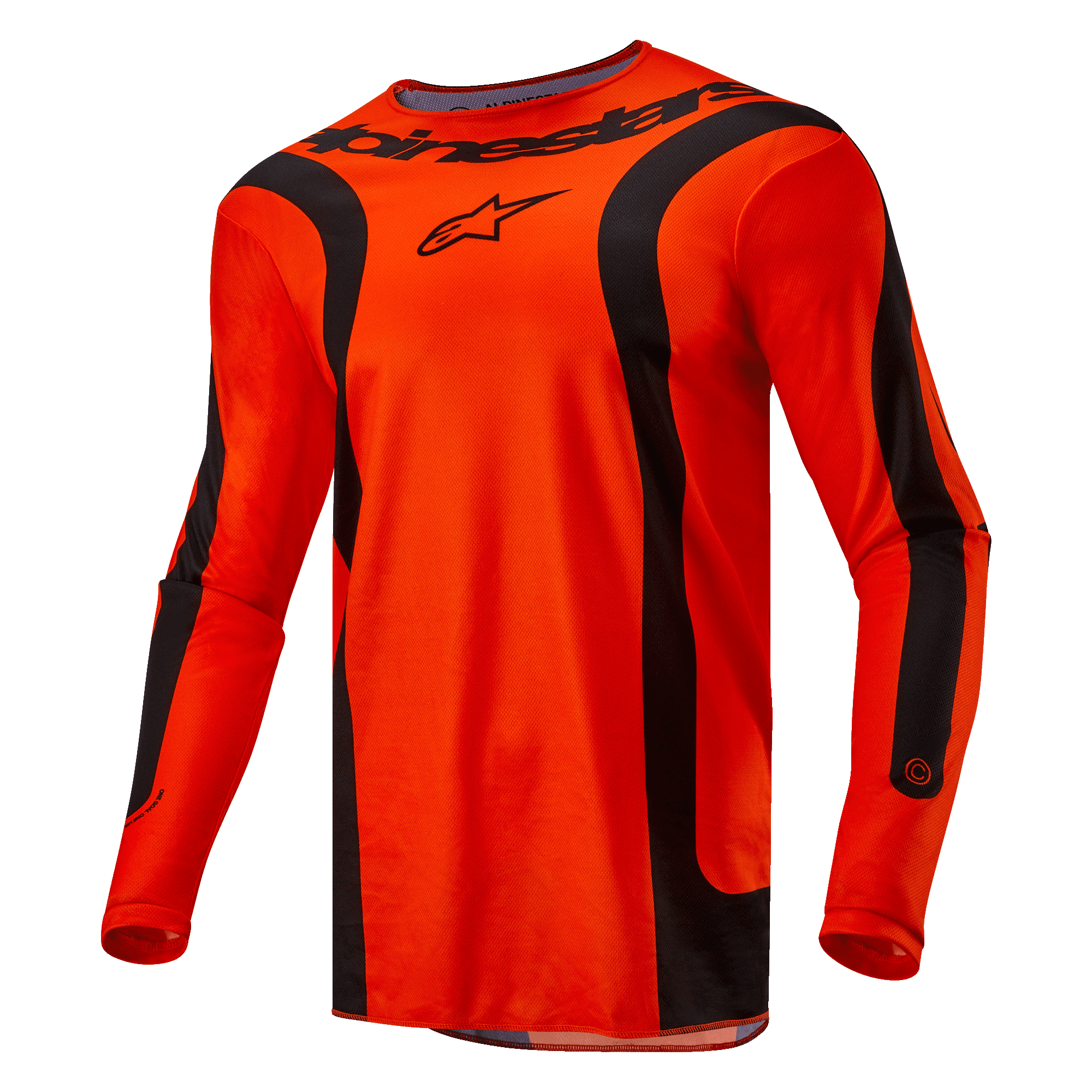 Alpinestars 2024 Fluid Lurv Jersey, motorcross jersey, Hot Orange en zwart, lange mouwen met zwarte gebogen panelen, voorzien van zwart Alpinestars-logo op de borst en branding op de nek, atletische sportpasvorm voor off-road racing