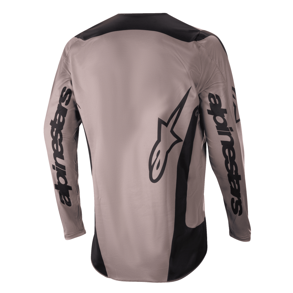 Alpinestars 2024 Fluid Lurv Trikot, Motocross-Trikot, Mud Black, Rückansicht mit großem Alpinestars-Branding auf den Ärmeln und am unteren Rücken, schwarze Einsätze an Schultern und Seiten, Performance-Offroad-Fahrausrüstung