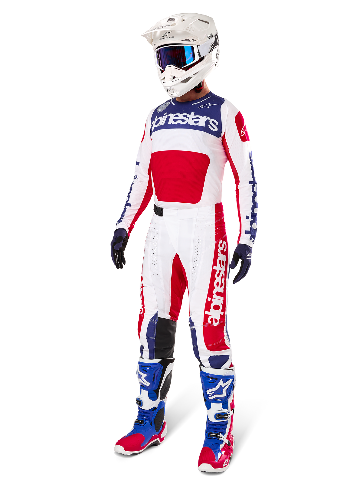 Alpinestars Limited Edition Techstar Fortitude Gear Set, Motocross-Outfit, Rot, Weiß und Blau, mit einem weißen Trikot mit markanten Grafiken, passender Rennhose, weißem Helm mit Schutzbrille und farblich abgestimmten blau-roten Stiefeln, professionelle Rennausrüstung für Offroad-Performance
