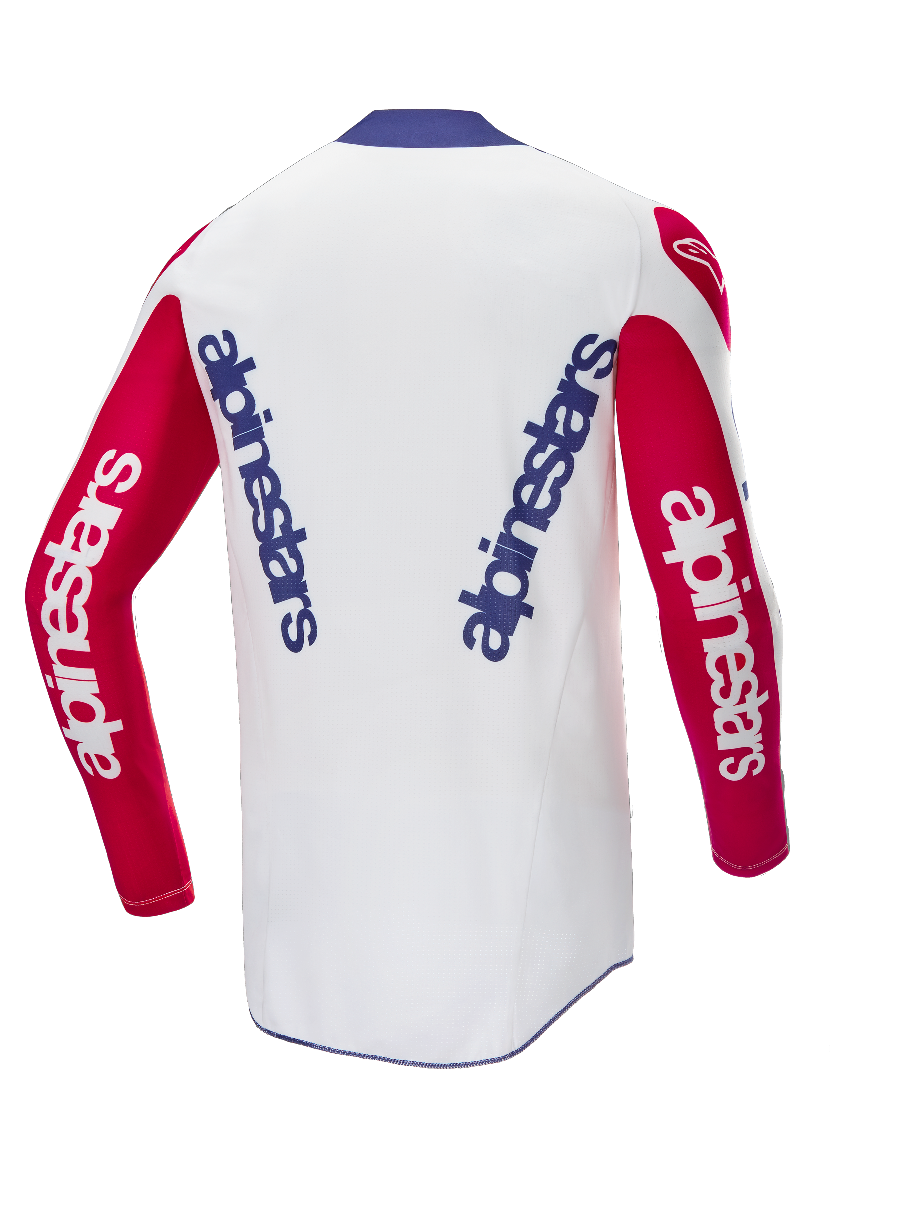Alpinestars Limited Edition Techstar Fortitude Jersey, Rückansicht, Motocross-Trikot, weißer Hauptteil mit roten Ärmeln und blauem Kragen, mit blauem und weißem Alpinestars-Branding, Hochleistungs-Rennausrüstung