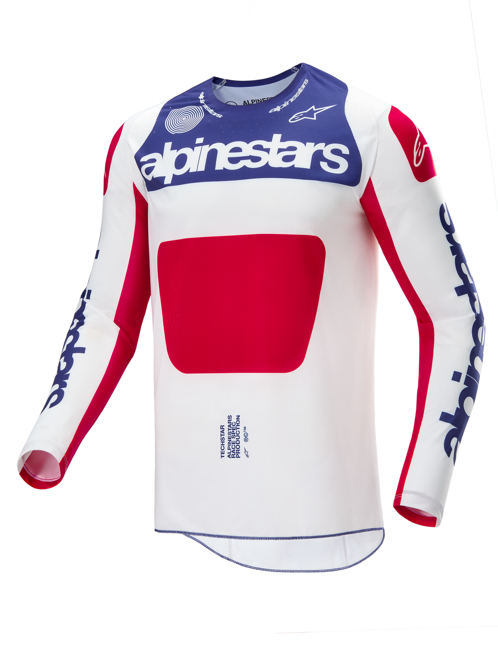 Alpinestars Limited Edition Techstar Fortitude Jersey, Motocross-Trikot, Rot, Weiß und Blau, mit einem weißen Hauptteil, einem großen roten Paneel in der Mitte, einem blauen Brustbereich mit weißem Alpinestars-Branding und blauen Logos auf den Ärmeln, entwickelt für Offroad-Rennleistung