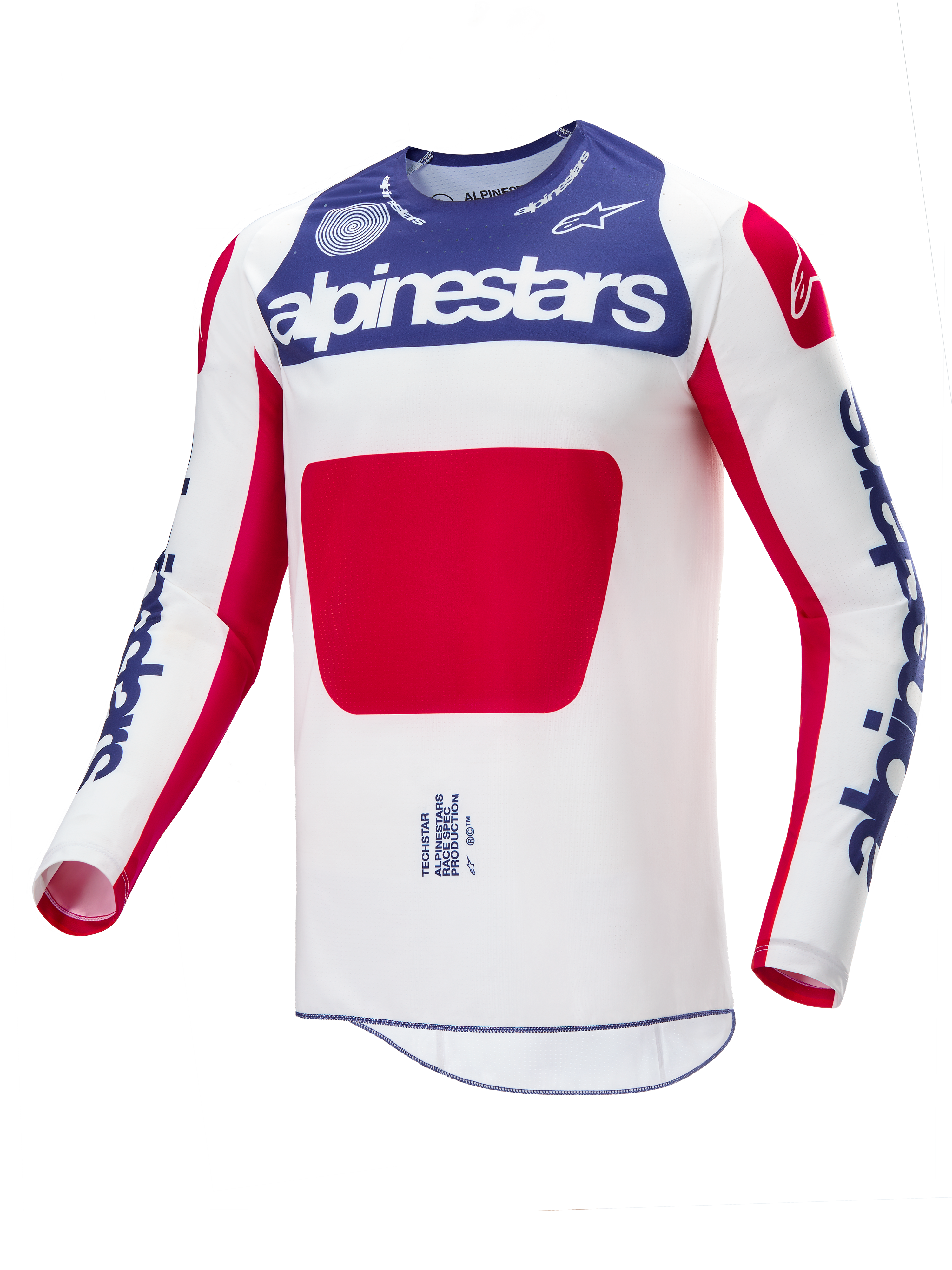 Alpinestars Limited Edition Techstar Fortitude Jersey, Motocross-Trikot, Rot, Weiß und Blau, weißes Hauptteil mit blauem Brustpanel und roter Grafik, blaue Alpinestars-Logos auf den Ärmeln, athletisches Race-Fit-Design