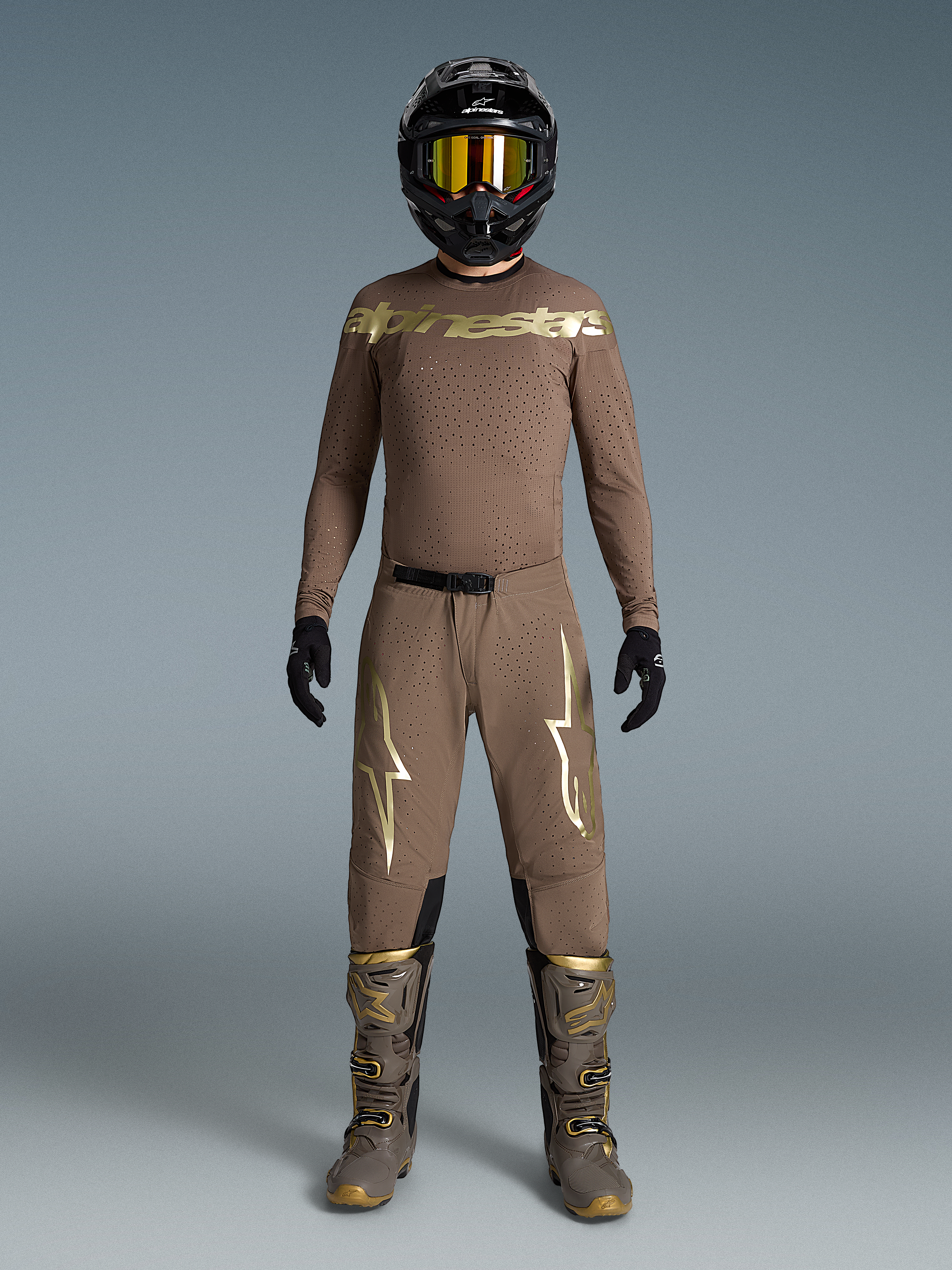 Alpinestars Limited Edition Supertech Air Gold Jersey and Pants, Motocross Gear, Men's, Earth Brown and Gold, ventilated mesh.