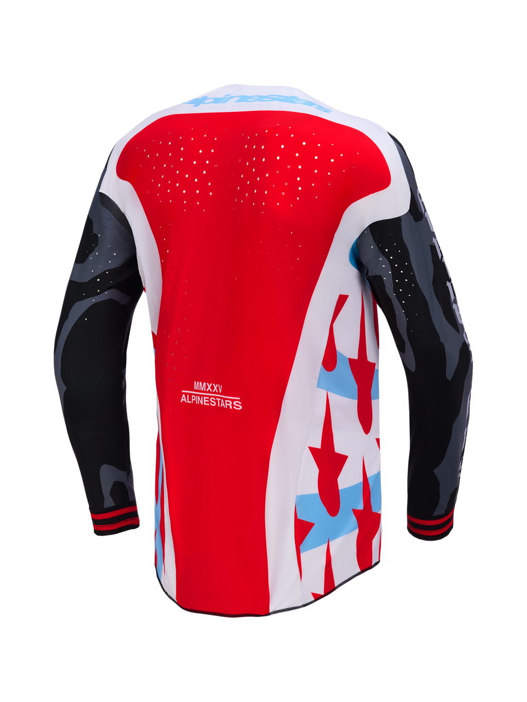Techstar Beast Coast Beperkte Oplage Jersey, achterzijde in rood en wit met camo mouwen en lasergesneden perforaties.