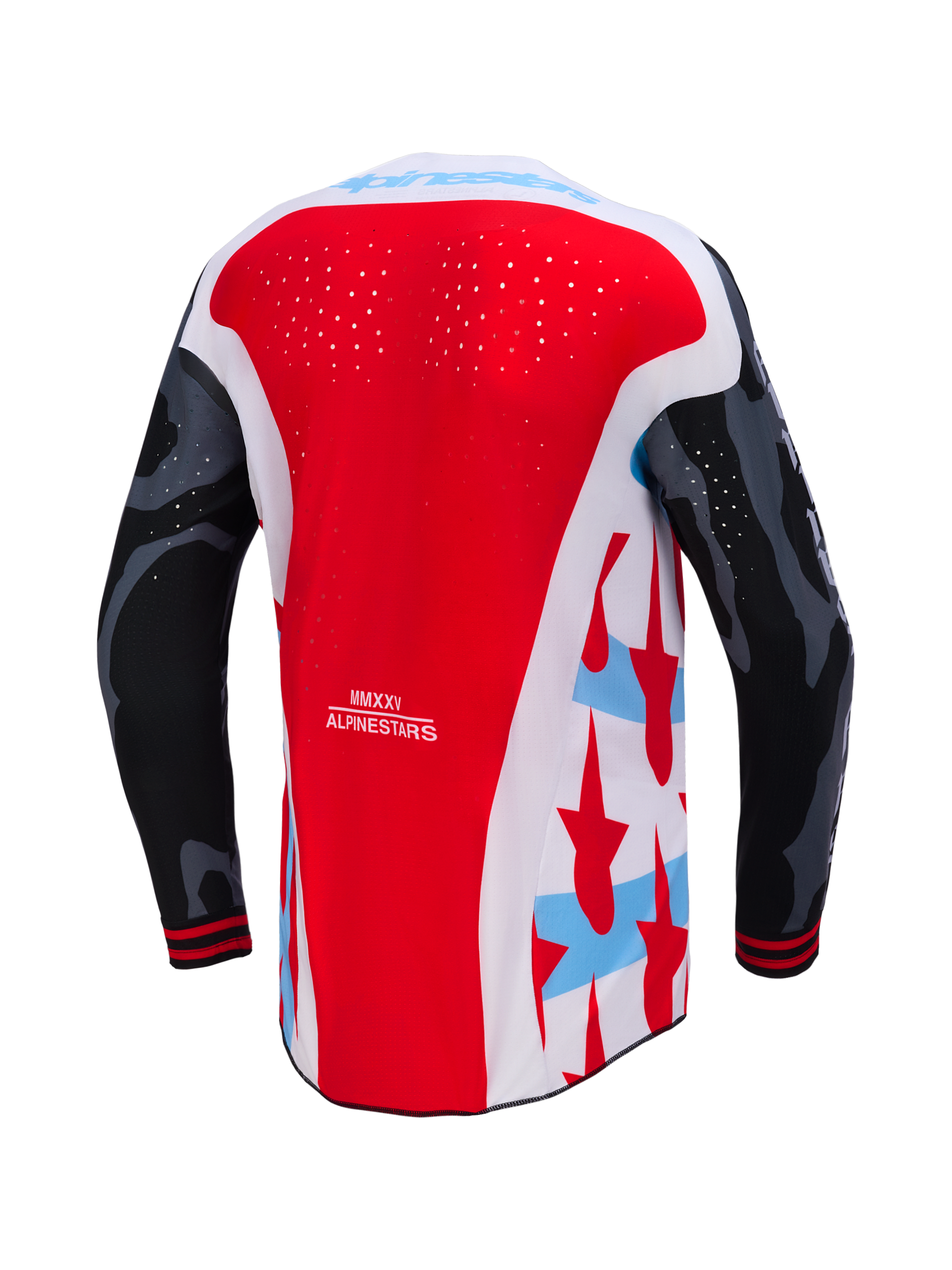 Techstar Beast Coast Beperkte Oplage Jersey, achterzijde in rood en wit met camo mouwen en lasergesneden perforaties.