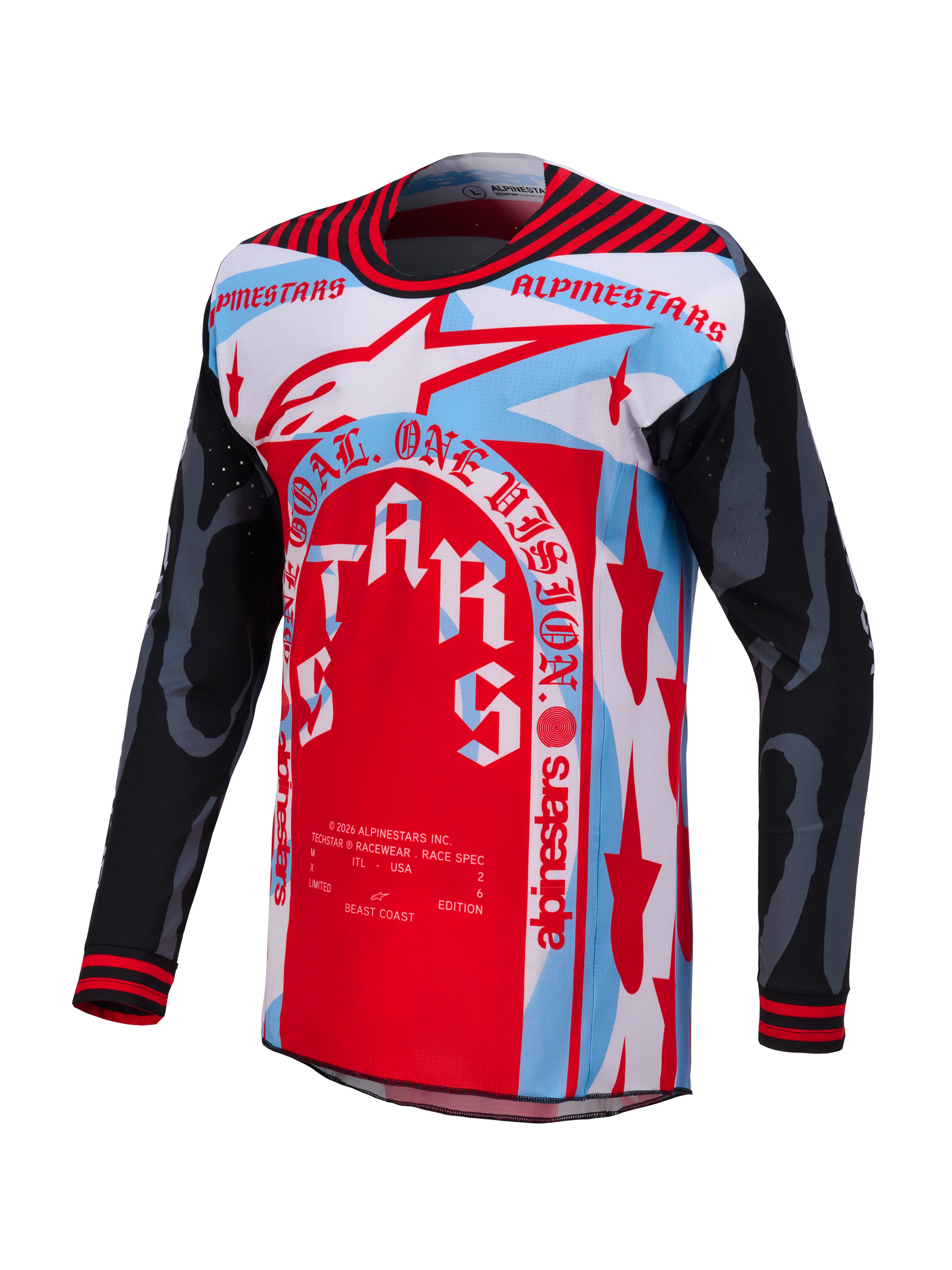 Techstar Beast Coast Beperkte Oplage Jersey, rood, wit en lichtblauw, technisch crossshirt met atletische racepasvorm.