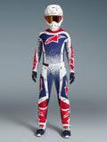 Alpinestars Techstar Unity beperkte oplage kledingset, heren motorcrossoutfit in wit, blauw en rood.