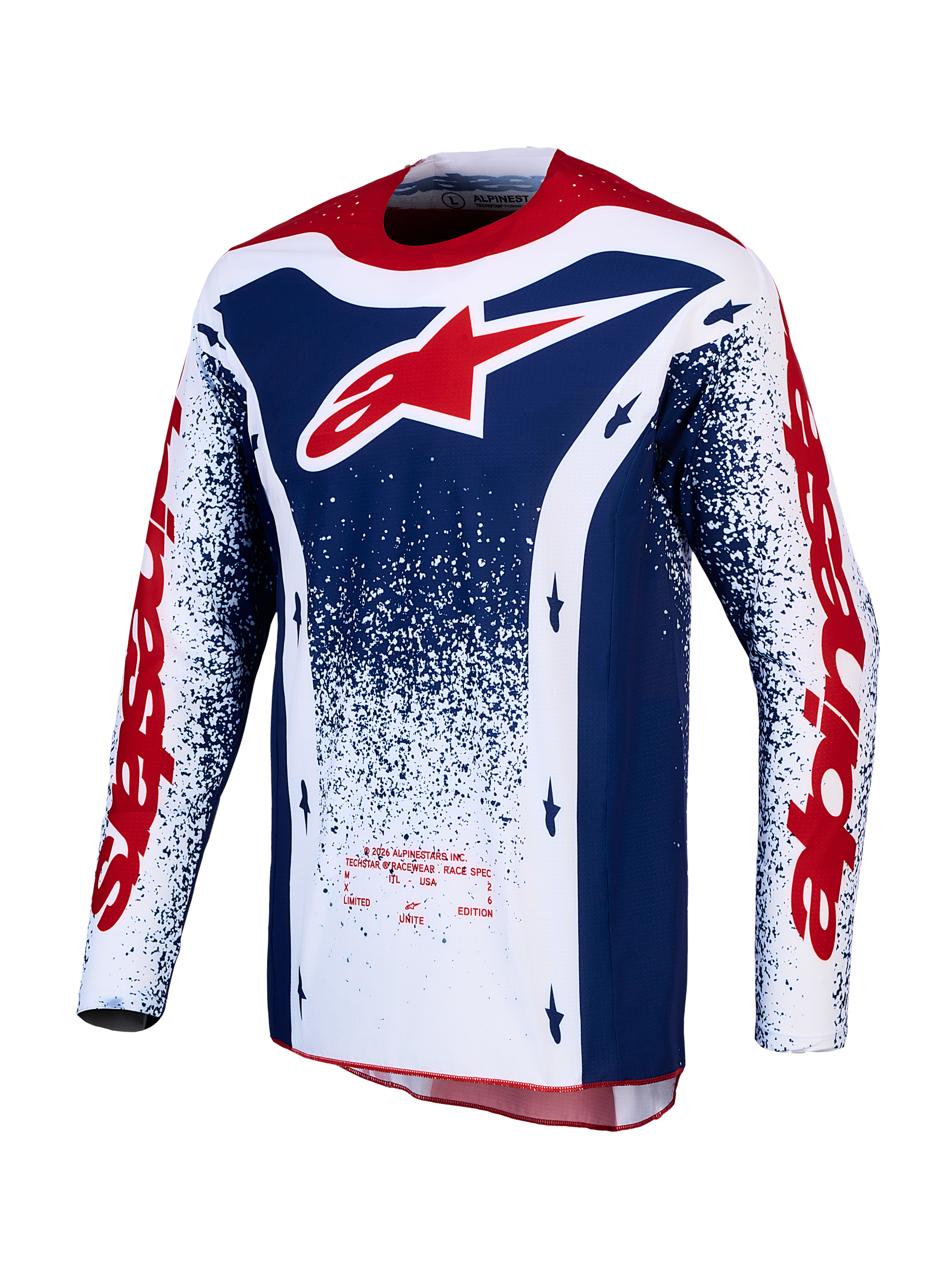 Alpinestars Techstar Unity, maillot de motocross homme, édition limitée rouge, blanc et bleu, haut technique pour tout-terrain