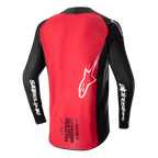 Alpinestars 2024 Supertech Ward Trikot, Motocross-Trikot, Schwarz und Beerenrot, Rückansicht mit großem roten Rückenpanel, schwarzen Mesh-Ärmeln mit weißem Alpinestars-Branding, weißem Stern-Logo und „Supertech Race Spec“-Schriftzug am unteren Rücken.