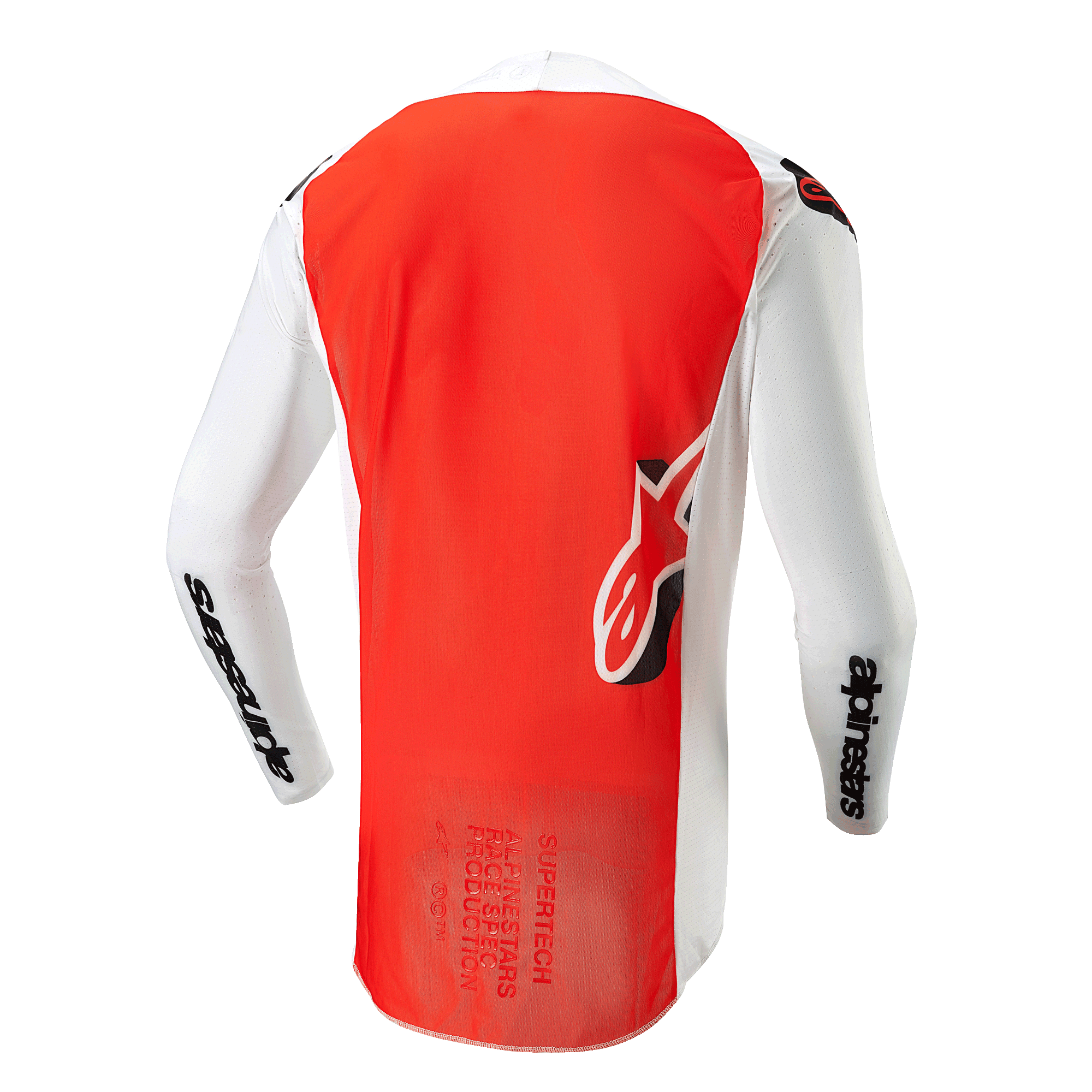 Alpinestars 2024 Supertech Ward Trikot, Rückansicht, Weiß Hot Orange, mit großem, leuchtend orangefarbenem Mittelteil, weißen Ärmeln und Seitenteilen mit schwarzem Alpinestars-Branding und Astar-Logo am unteren Rücken, professionelle Mesh-Konstruktion für Motocross.