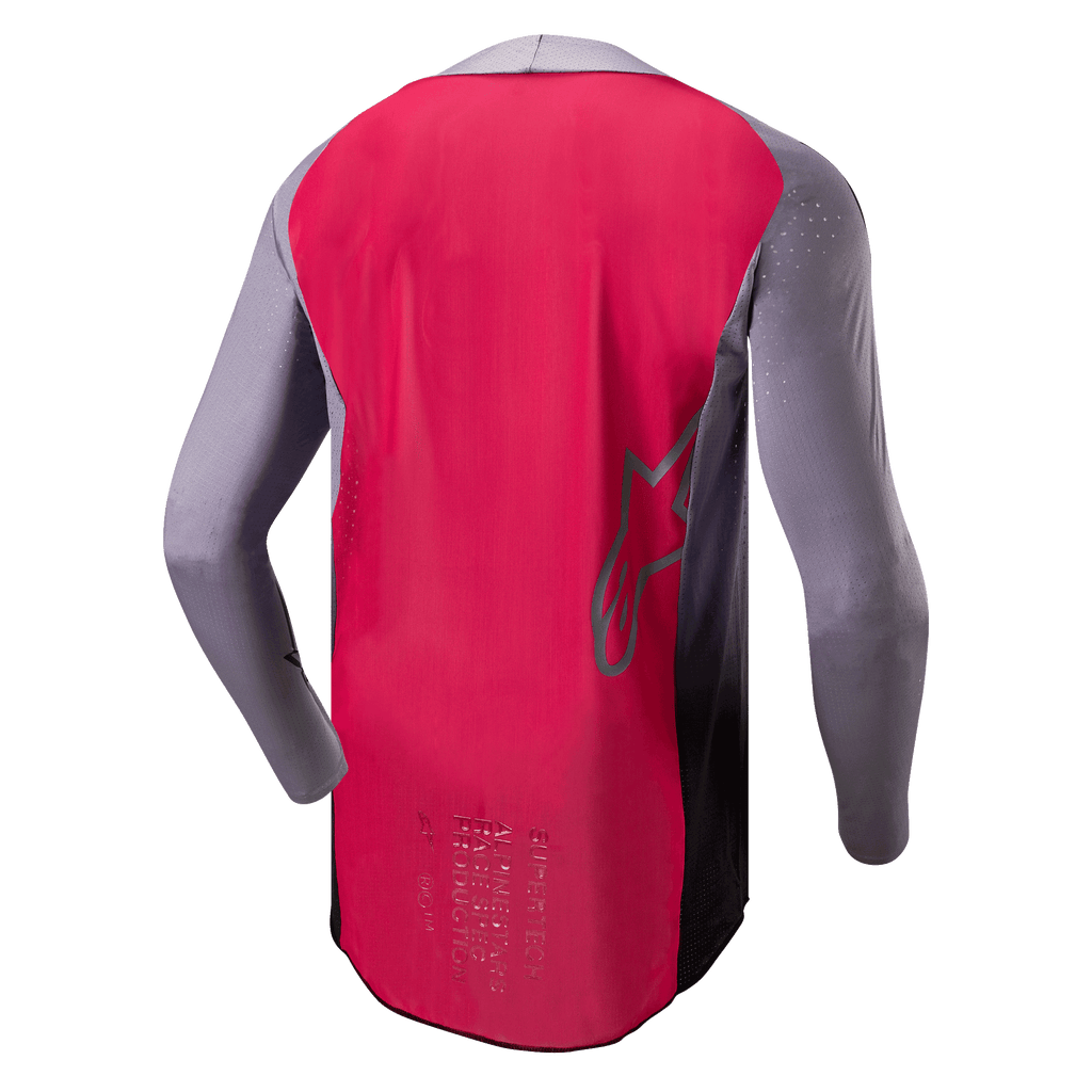 Alpinestars 2024 Supertech Dade Trikot, Motocross-Trikot, Iron Red Berry und Grau, Rückansicht mit atmungsaktiver Mesh-Konstruktion, Alpinestars Stern-Logo-Umriss und professionellem Branding