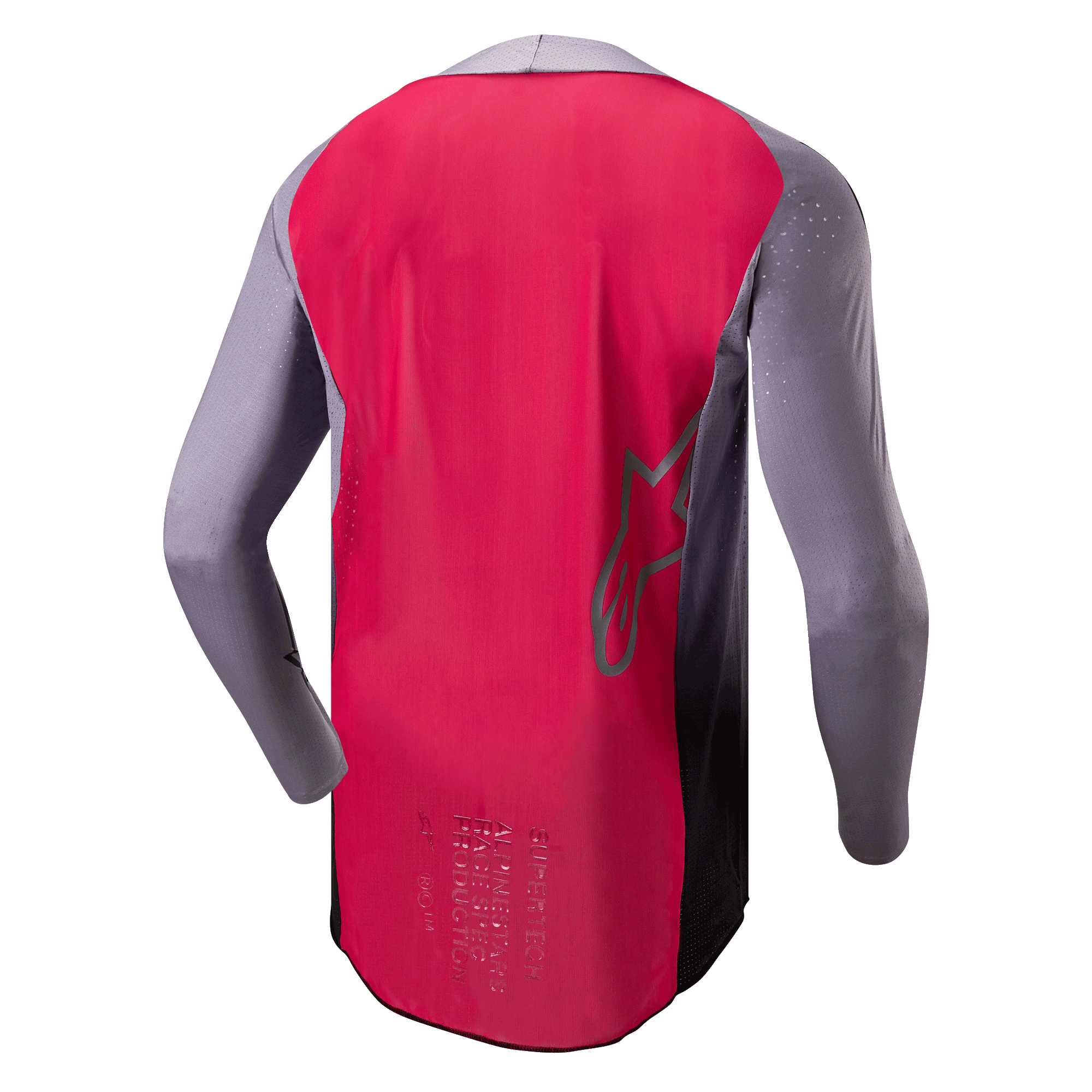 Alpinestars 2024 Supertech Dade Trikot, Motocross-Trikot, Iron Red Berry und Grau, Rückansicht mit atmungsaktiver Mesh-Konstruktion, Alpinestars Stern-Logo-Umriss und professionellem Branding