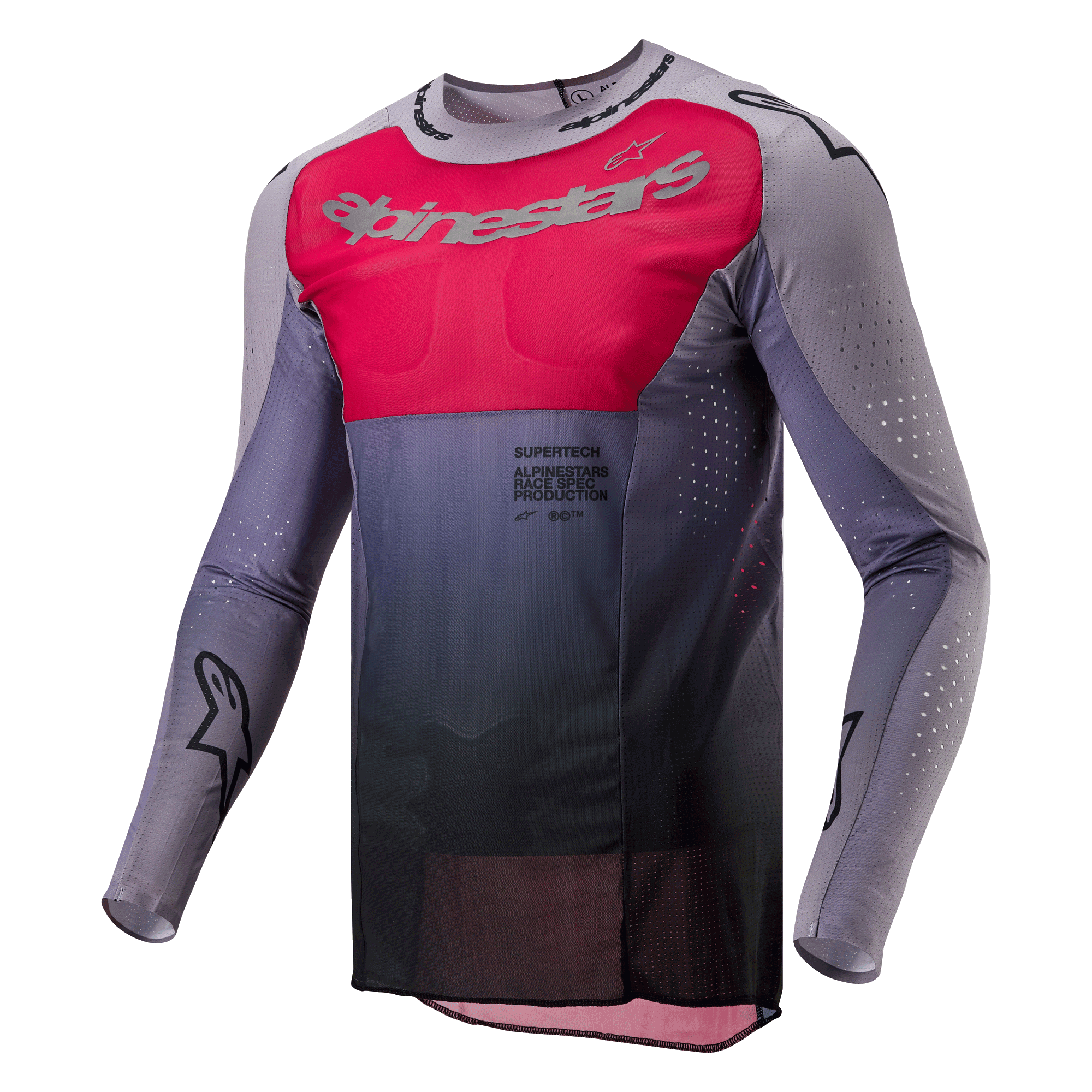 Alpinestars 2024 Supertech Dade Trikot, Motocross-Trikot, Iron Red Berry und Grau, mit einem leuchtend roten Brustpanel mit silbernem Branding, dunkelgrauem Farbverlauf an der Taille, lasergeschnittenen Perforationen an den Ärmeln und Seiten und einem athletischen Race-Fit-Design.