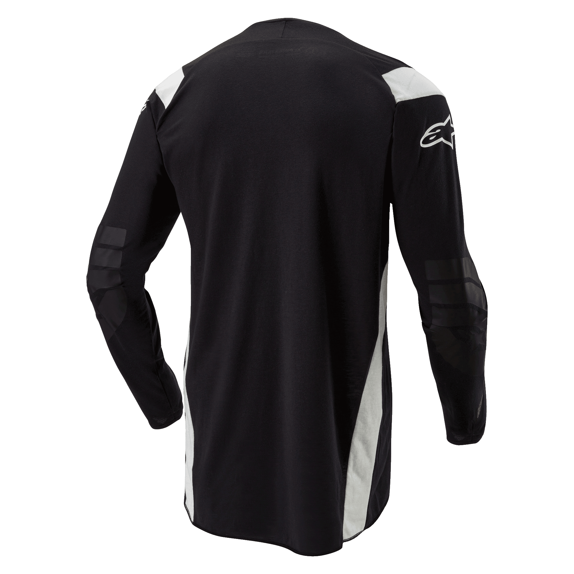 Maillot Alpinestars Techdura, maillot de motocross et d'enduro, noir avec accents blancs, vue arrière présentant un dos allongé, des coudes renforcés et le logo Alpinestars blanc sur la manche, vêtement de conduite tout-terrain durable