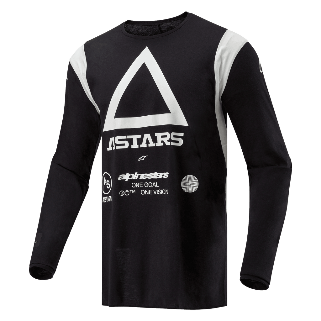 Maillot Alpinestars Techdura, maillot de motocross et d'enduro, noir avec un grand triangle blanc et le logo ASTARS, empiècements blancs aux épaules, manches longues, tissu polyvalent durable pour la conduite tout-terrain