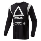 Maillot Alpinestars Techdura, maillot de motocross et d'enduro, noir avec un grand triangle blanc et le logo ASTARS, empiècements blancs aux épaules, manches longues, tissu polyvalent durable pour la conduite tout-terrain