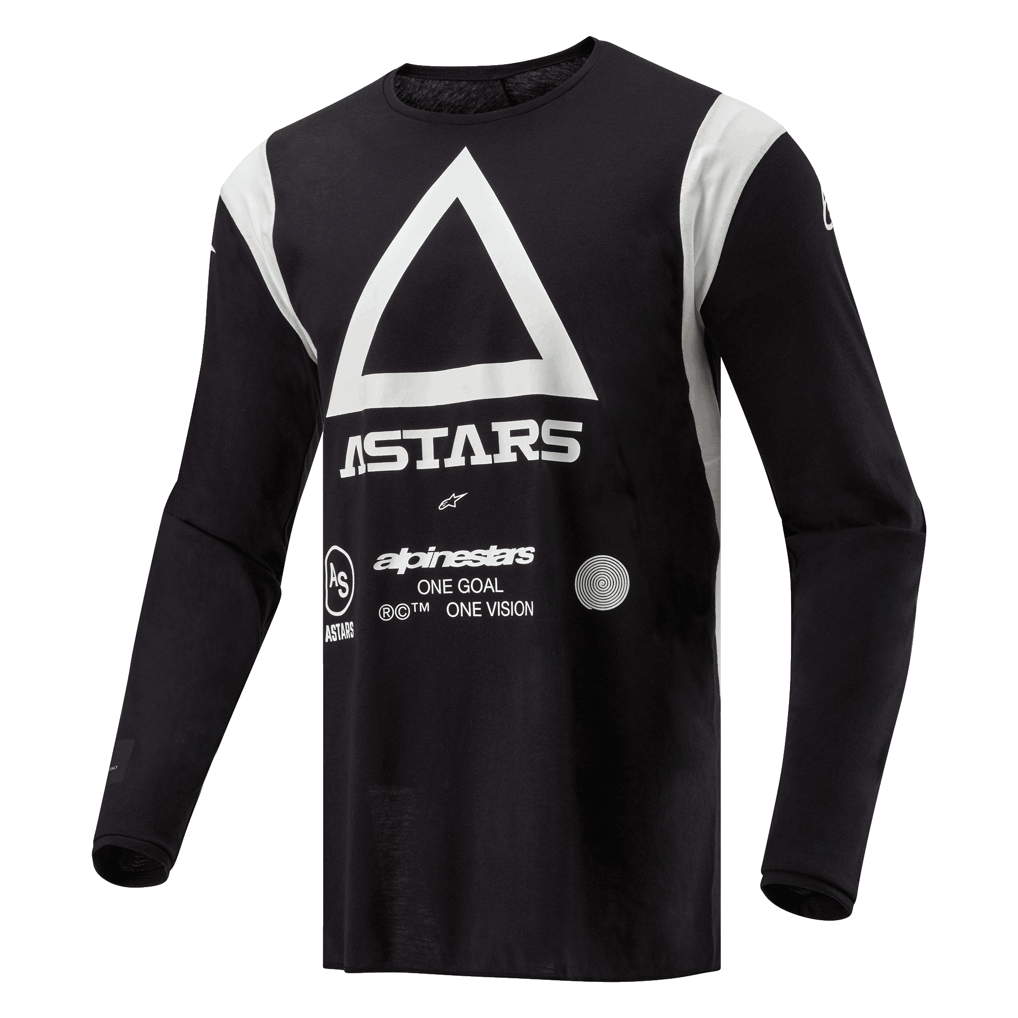 Maillot Alpinestars Techdura, maillot de motocross et d'enduro, noir avec un grand triangle blanc et le logo ASTARS, empiècements blancs aux épaules, manches longues, tissu polyvalent durable pour la conduite tout-terrain
