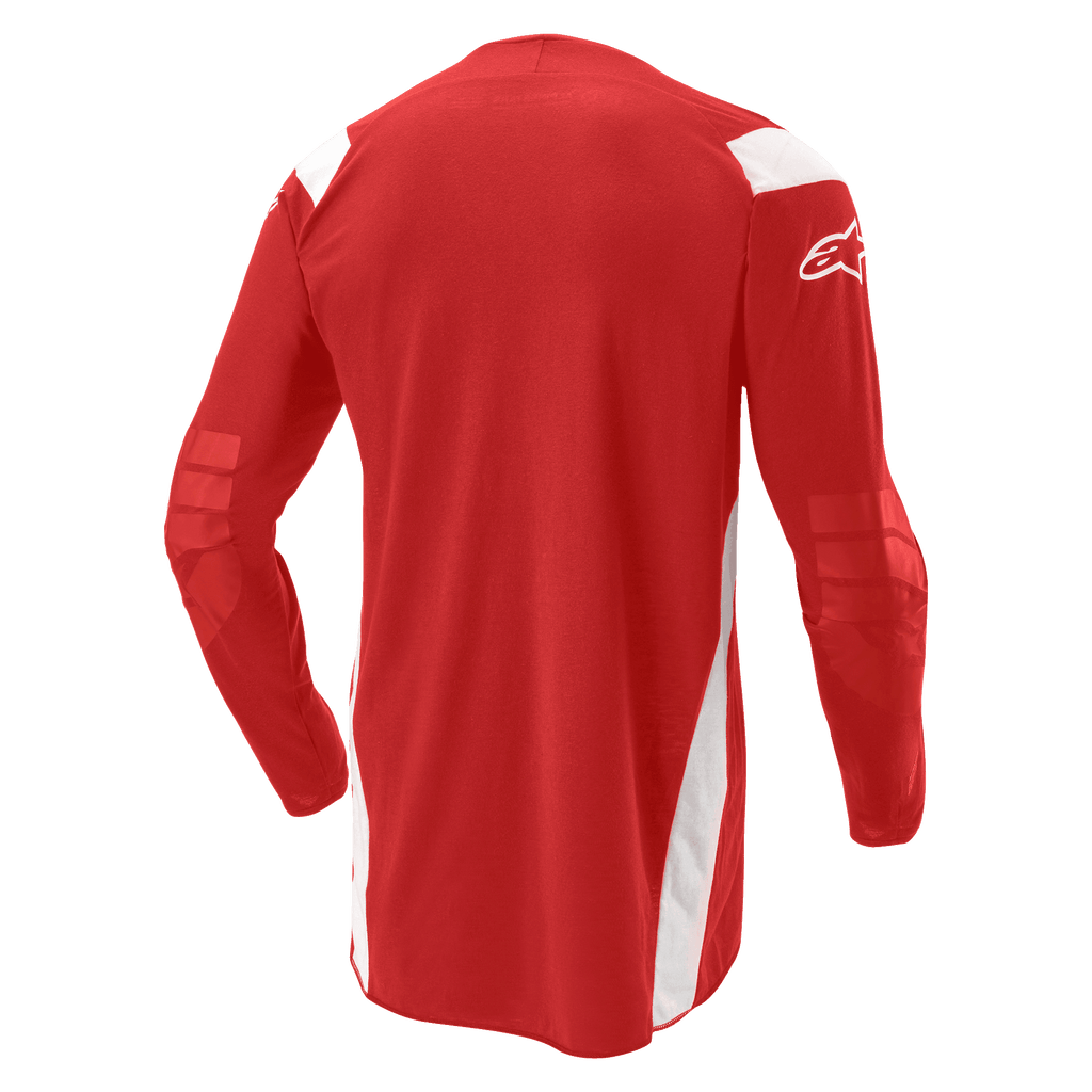 Alpinestars Techdura Jersey, motorcross- en enduroshirt, helderrood met witte panelen, achteraanzicht met verlengde achterkant en versterkte ellebogen, wit Alpinestars-logo op de mouw, duurzame off-road uitrusting