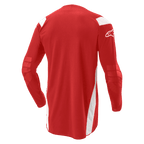 Alpinestars Techdura Jersey, motorcross- en enduroshirt, helderrood met witte panelen, achteraanzicht met verlengde achterkant en versterkte ellebogen, wit Alpinestars-logo op de mouw, duurzame off-road uitrusting