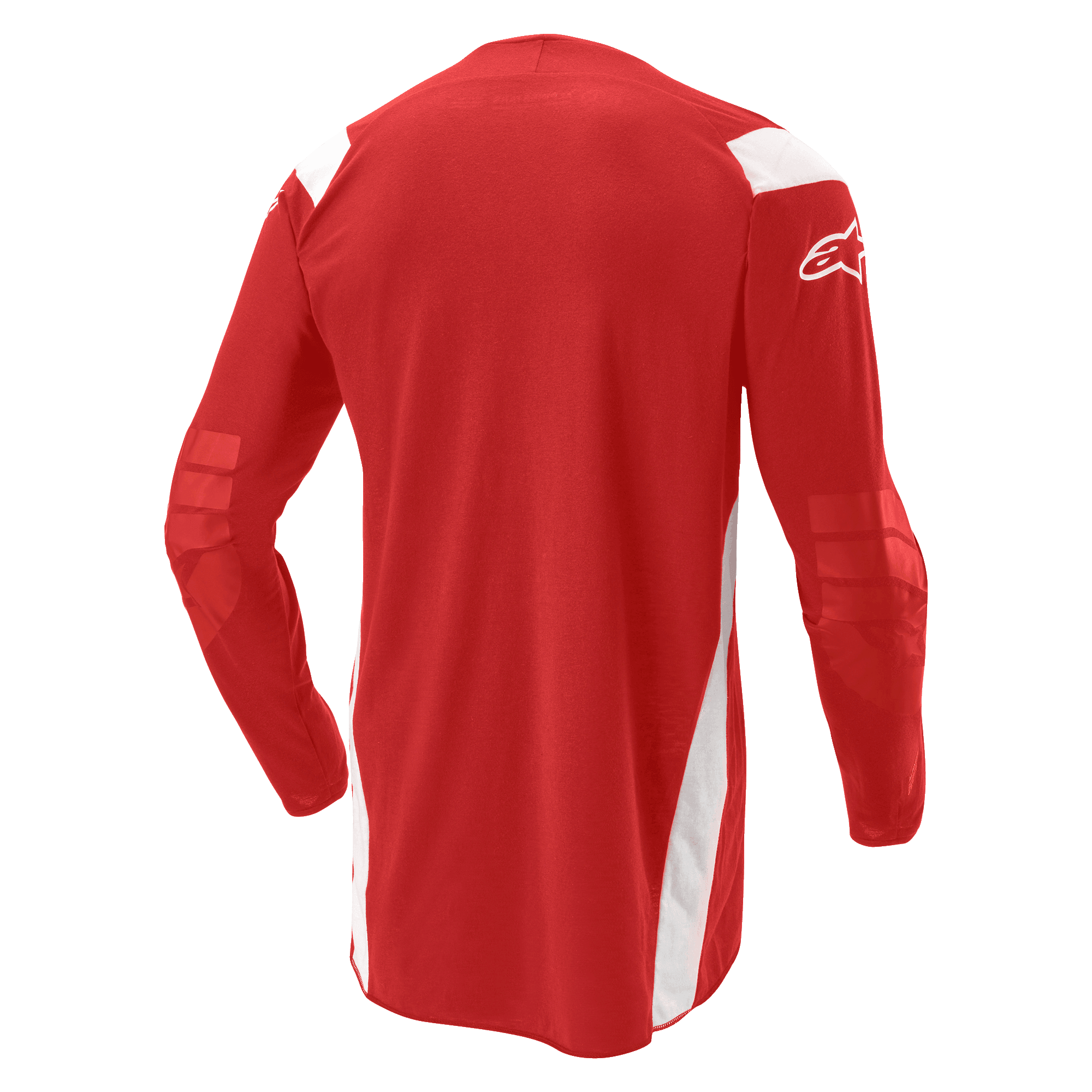 Alpinestars Techdura Jersey, motorcross- en enduroshirt, helderrood met witte panelen, achteraanzicht met verlengde achterkant en versterkte ellebogen, wit Alpinestars-logo op de mouw, duurzame off-road uitrusting