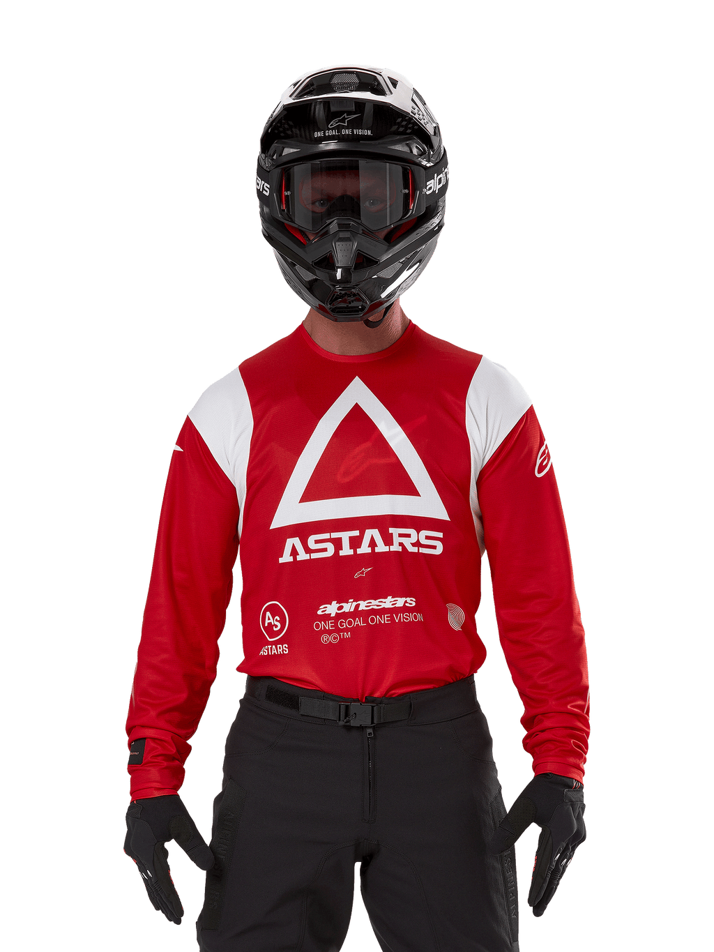 Alpinestars Techdura Jersey, felrood motorcross shirt met witte graphics, grote witte driehoek en ASTARS-logo op de borst, motorcrosser draagt zwarte helm, crossbril en zwarte uitrusting, gecoördineerde outfit voor enduro en off-road rijden