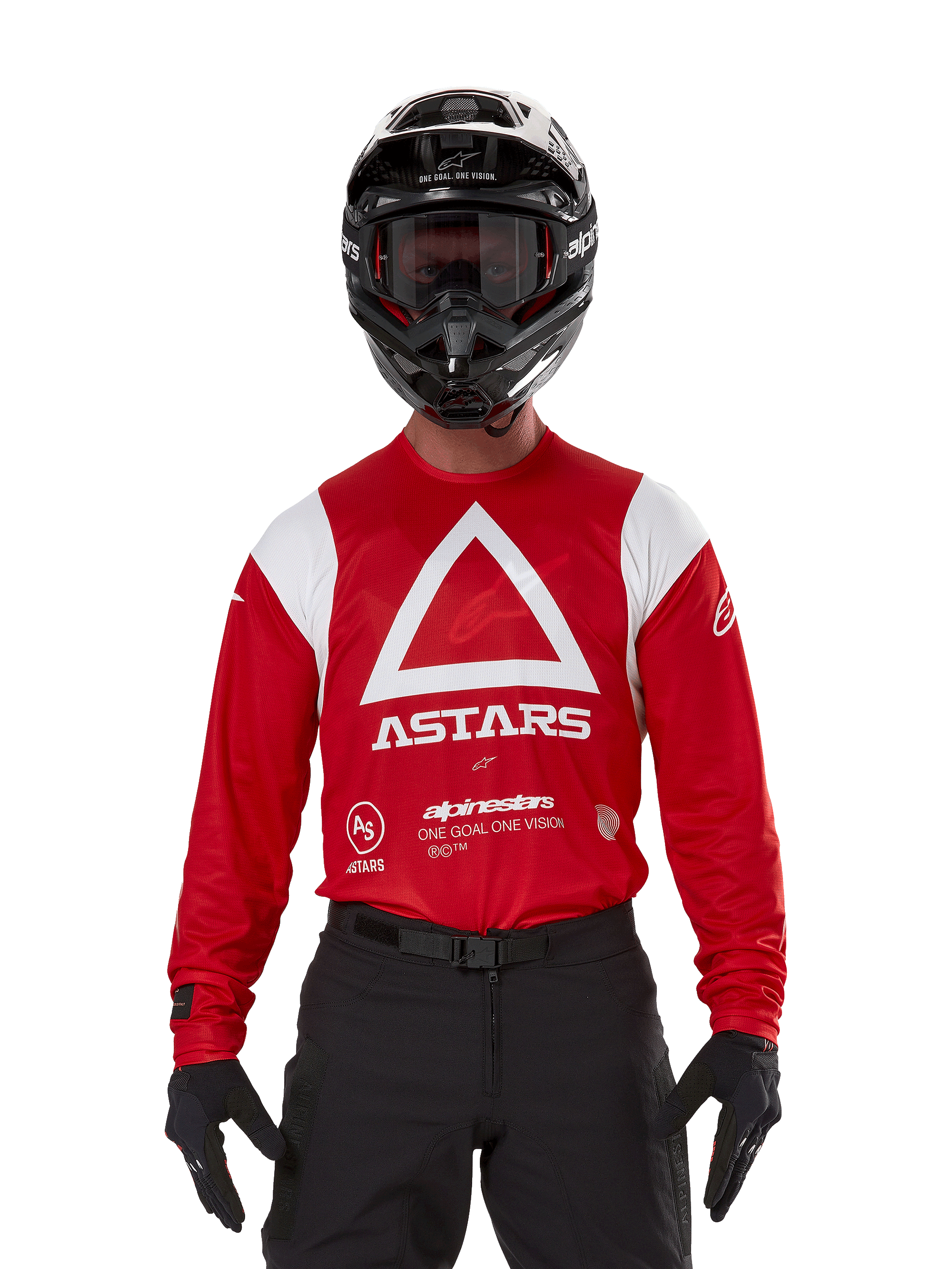 Alpinestars Techdura Jersey, felrood motorcross shirt met witte graphics, grote witte driehoek en ASTARS-logo op de borst, motorcrosser draagt zwarte helm, crossbril en zwarte uitrusting, gecoördineerde outfit voor enduro en off-road rijden