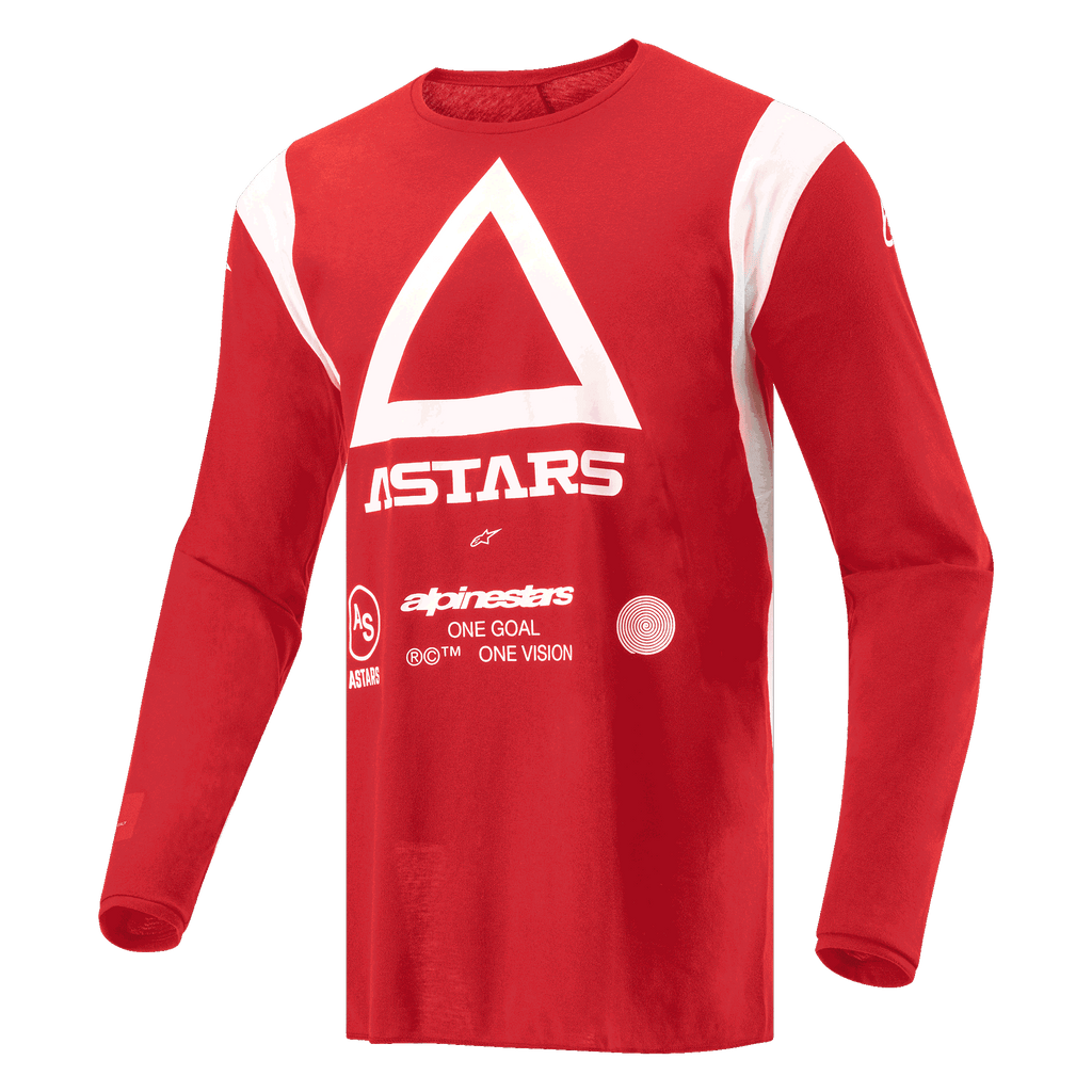 Alpinestars Techdura Jersey, motorcross en enduro shirt, helderrood, met witte driehoek en ASTARS-branding op de borst, vochtafvoerend poly-materiaal met lange mouwen voor off-road rijden