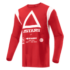 Alpinestars Techdura Jersey, motorcross en enduro shirt, helderrood, met witte driehoek en ASTARS-branding op de borst, vochtafvoerend poly-materiaal met lange mouwen voor off-road rijden