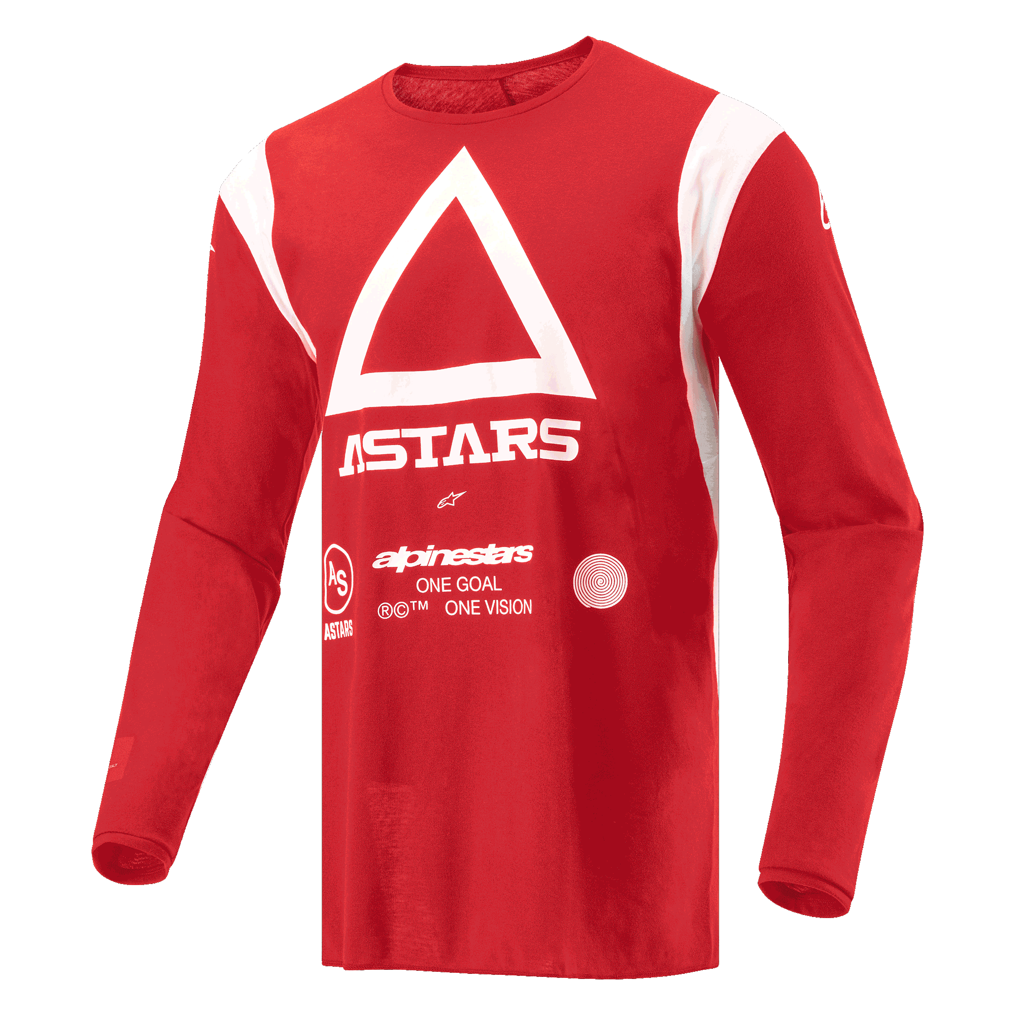 Alpinestars Techdura Jersey, motorcross en enduro shirt, helderrood, met witte driehoek en ASTARS-branding op de borst, vochtafvoerend poly-materiaal met lange mouwen voor off-road rijden